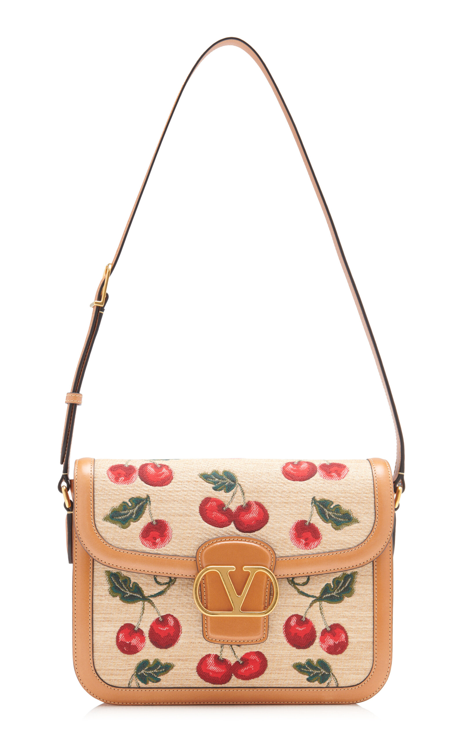 Cherry-Detailed Raffia-Leather Shoulder Bag