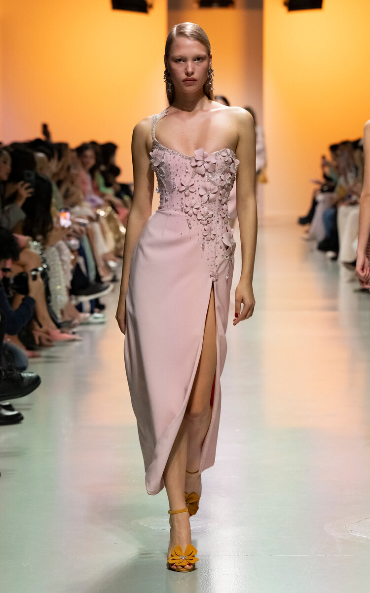 Georges Hobeika Asymmetric Floral-appliquéd Gabardine Midi Dress In Pink