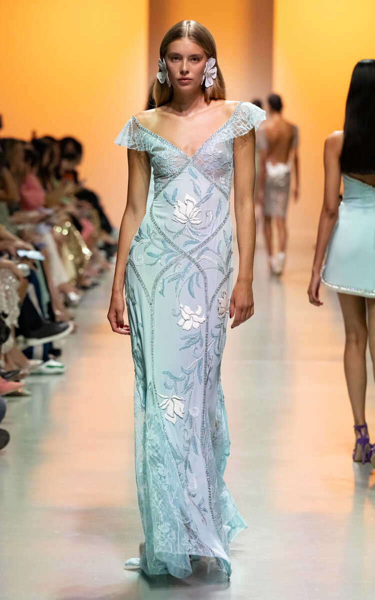 Georges Hobeika Lace-Paneled Geogette Maxi Dress