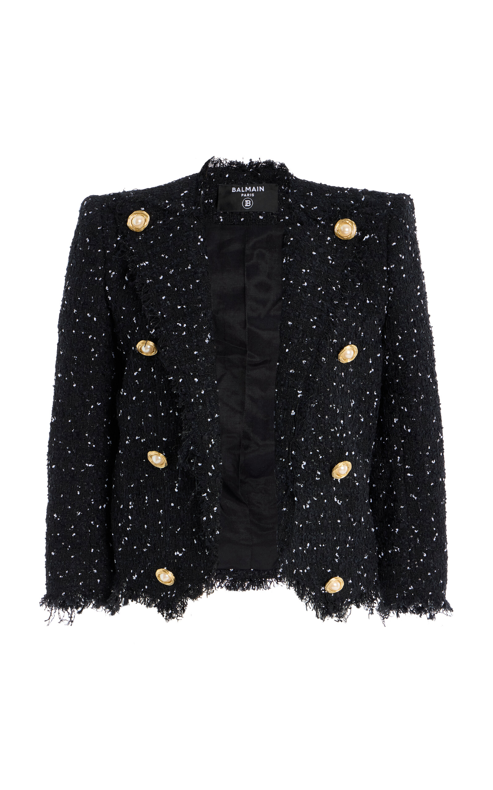 Balmain Cropped 8-button Jacket In Polka-dot Tweed In Black