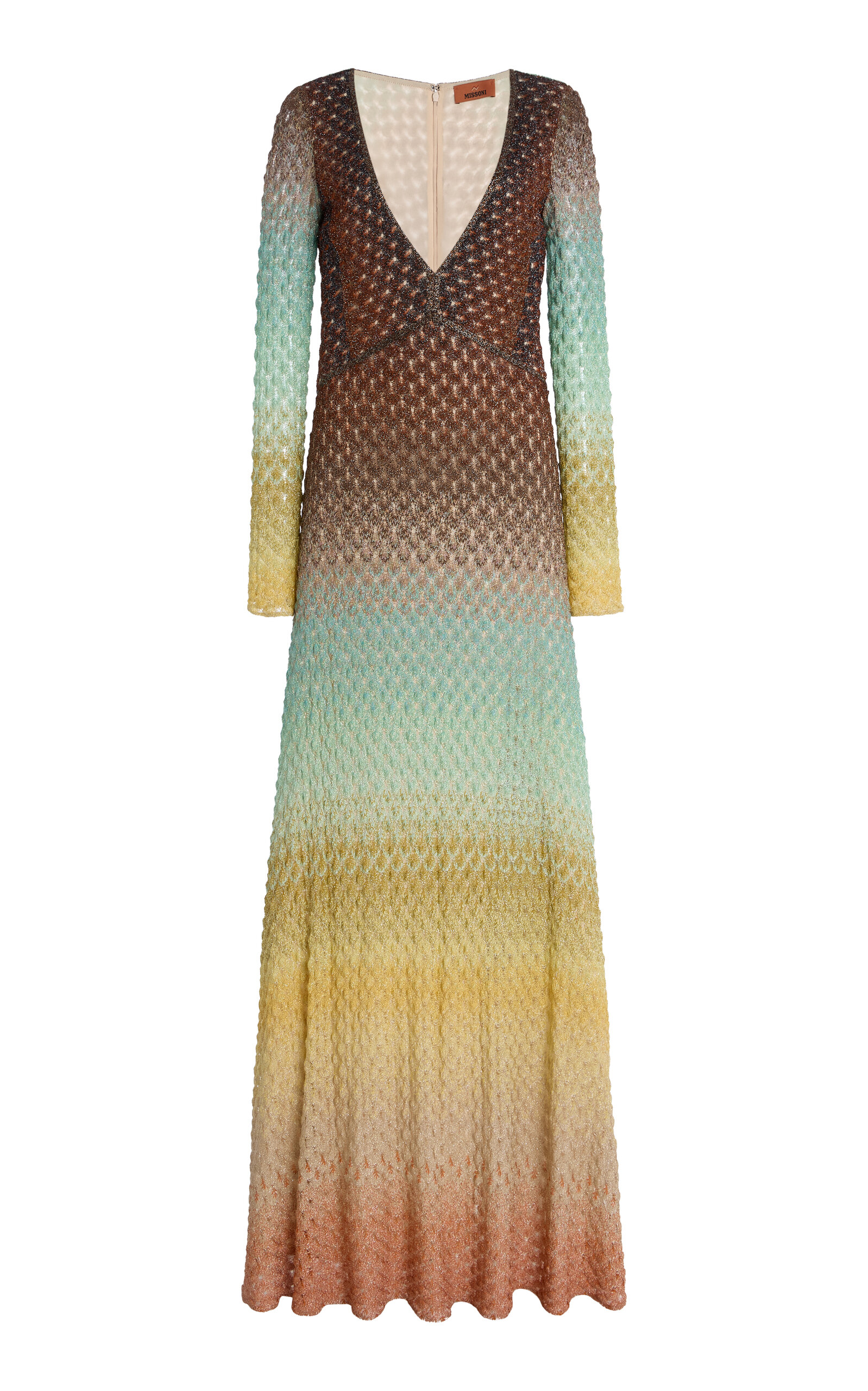 Missoni Plunging Metallic Ombre Knit Long-sleeve Maxi Dress In Multi