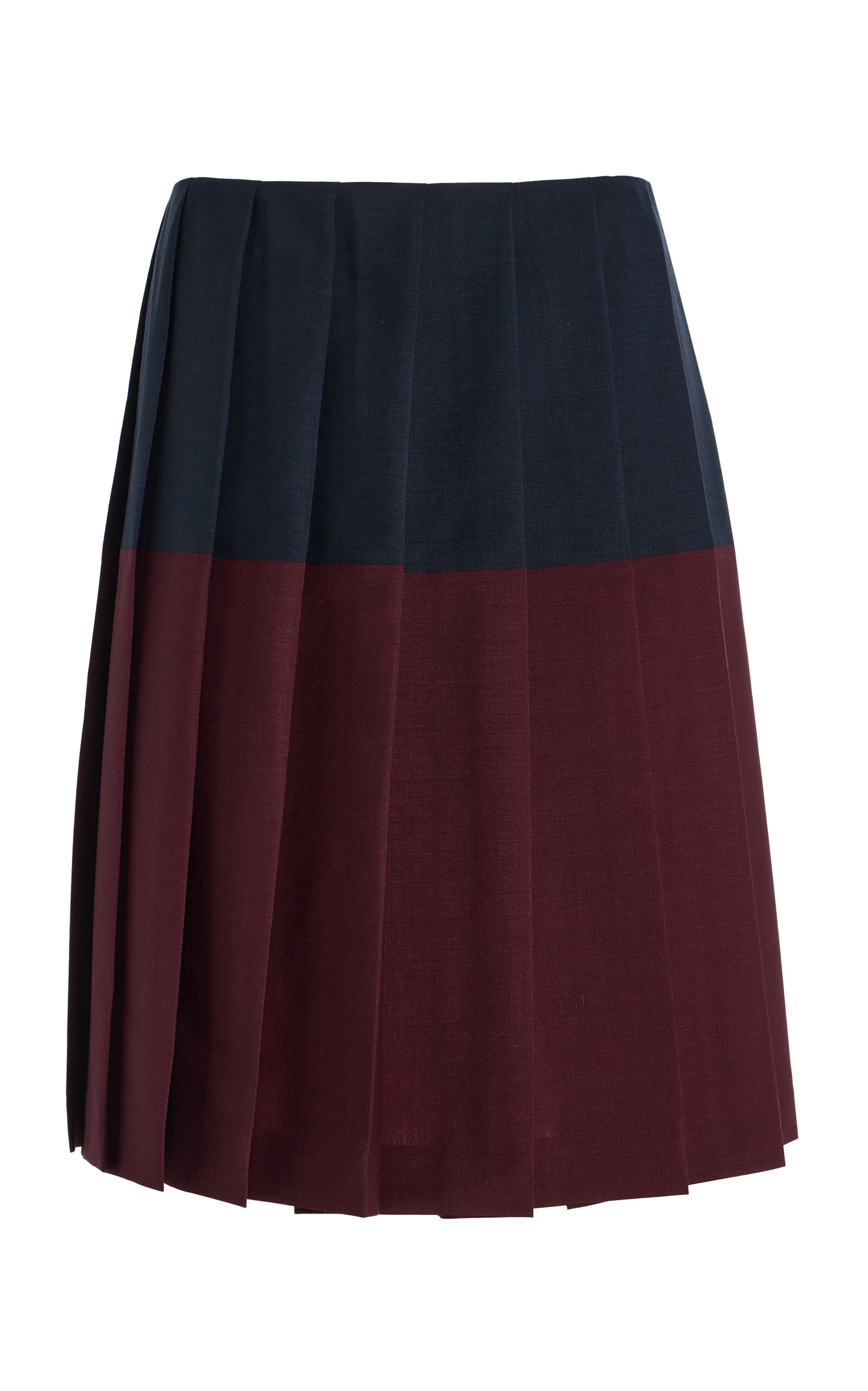 Colorblocked Pleated Wool Midi Skirt