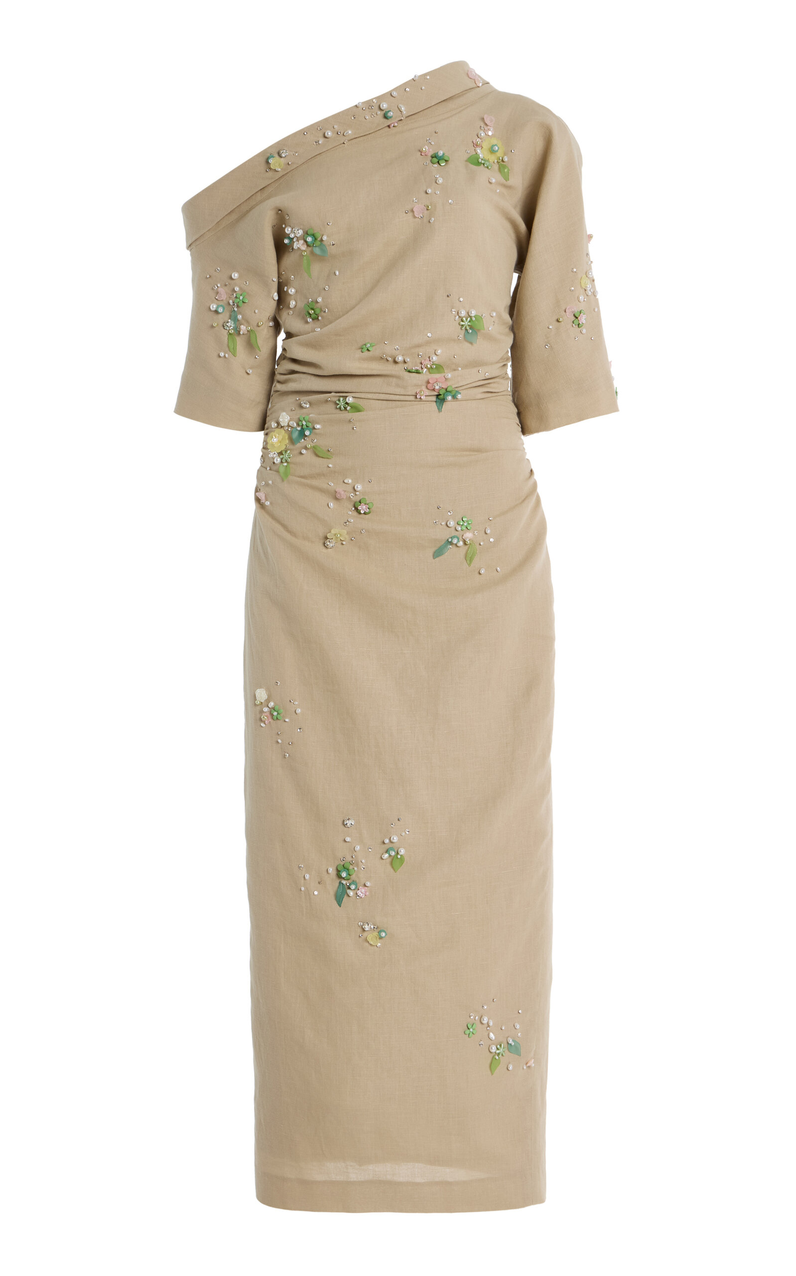 Bernadette Bowery Jewel-Embroidered Cotton-Linen Midi Dress - Neutral