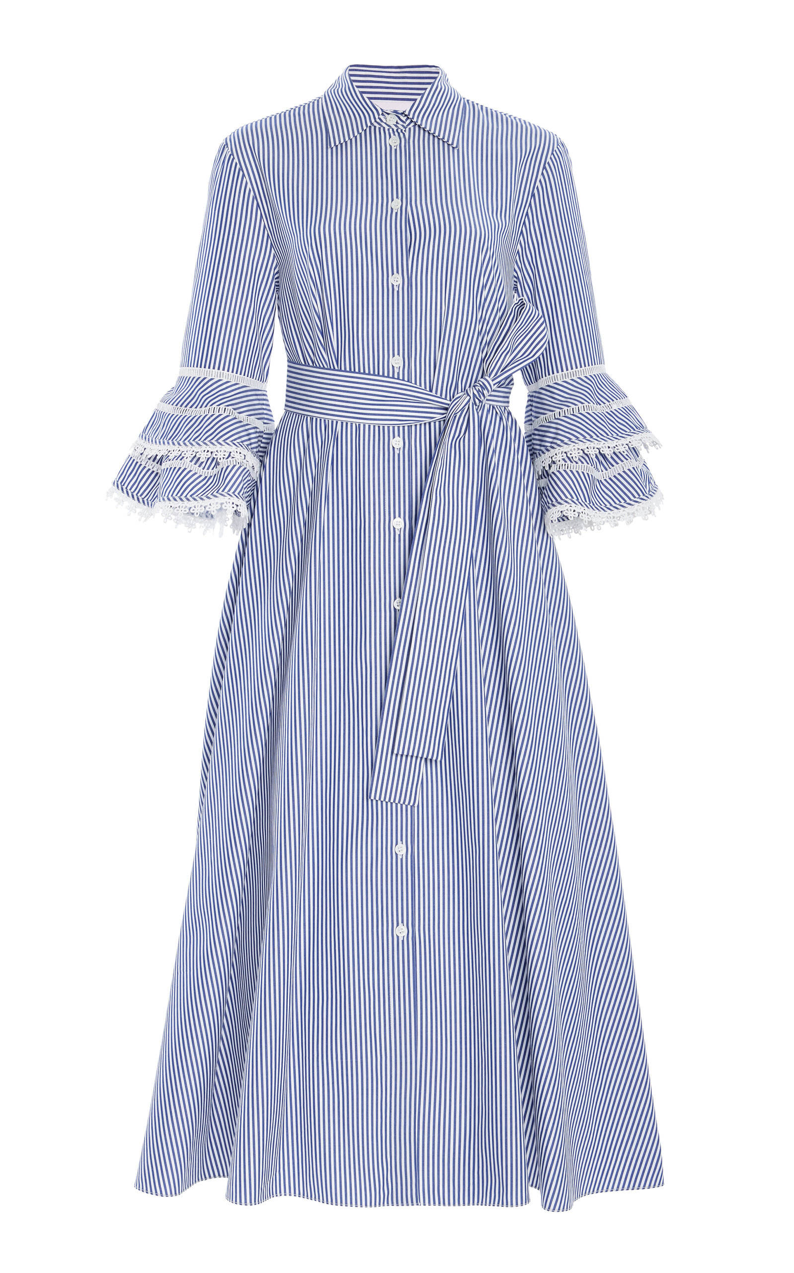 Carolina Herrera Stripe Tiered Ruffle Sleeve Belted Poplin Shirtdress In White
