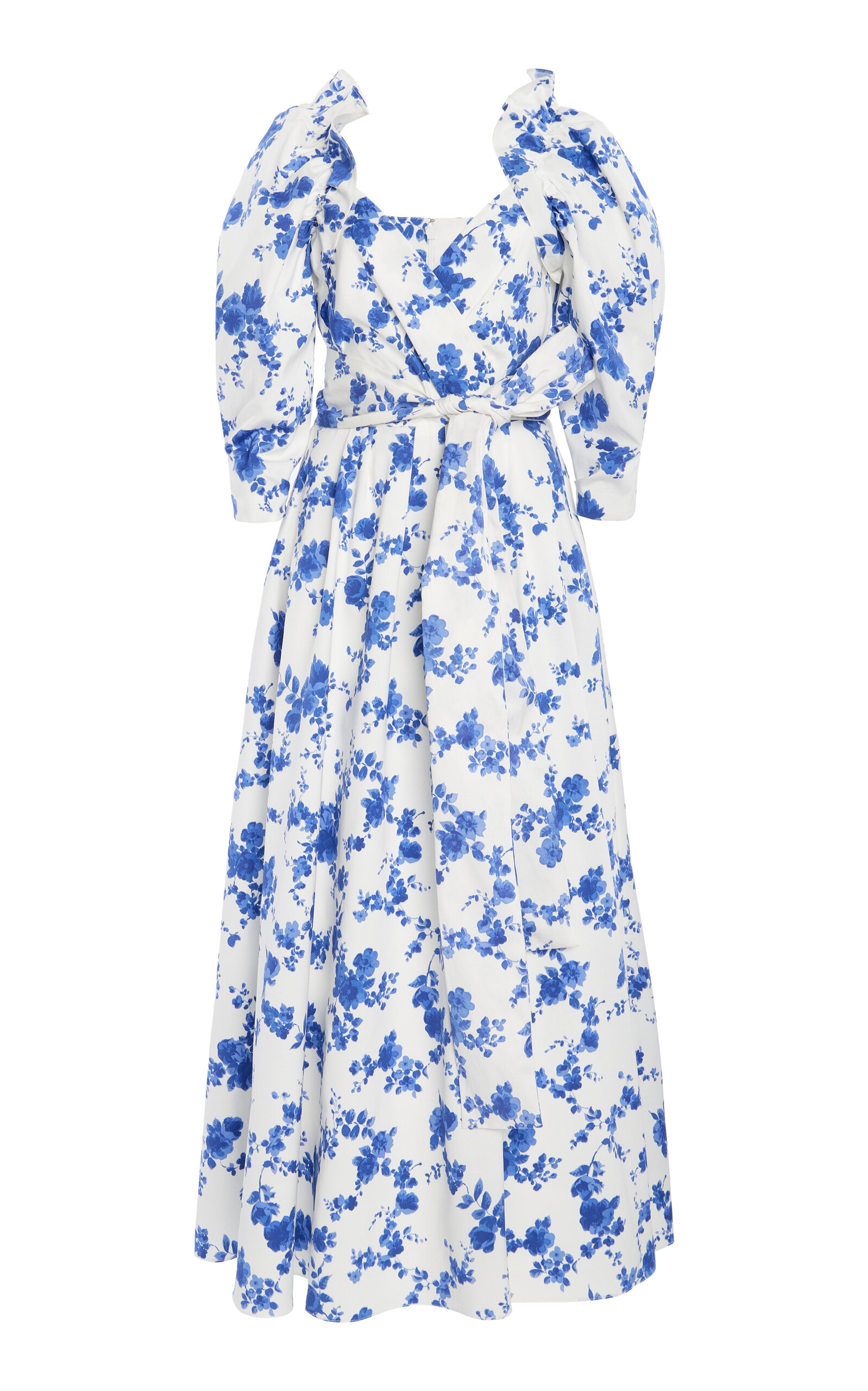 Carolina Herrera Belted Puff-Sleeve Stretch-Cotton Midi Dress