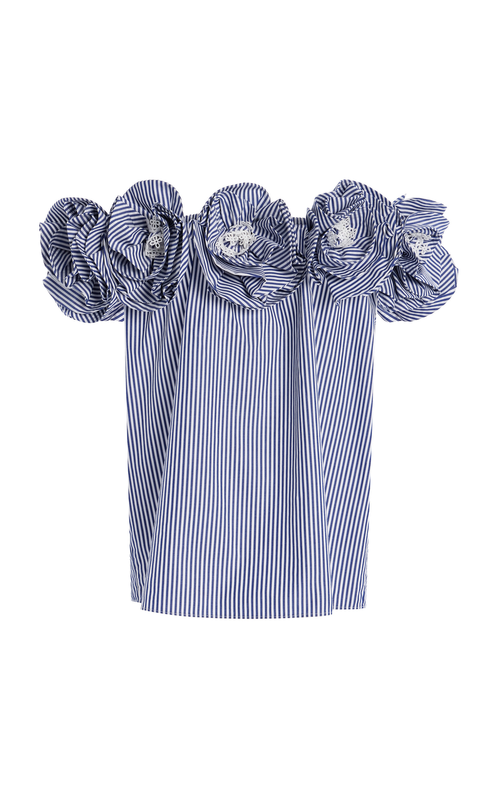 Carolina Herrera Ruffled Off-the-shoulder Striped Cotton-poplin Top In Blue