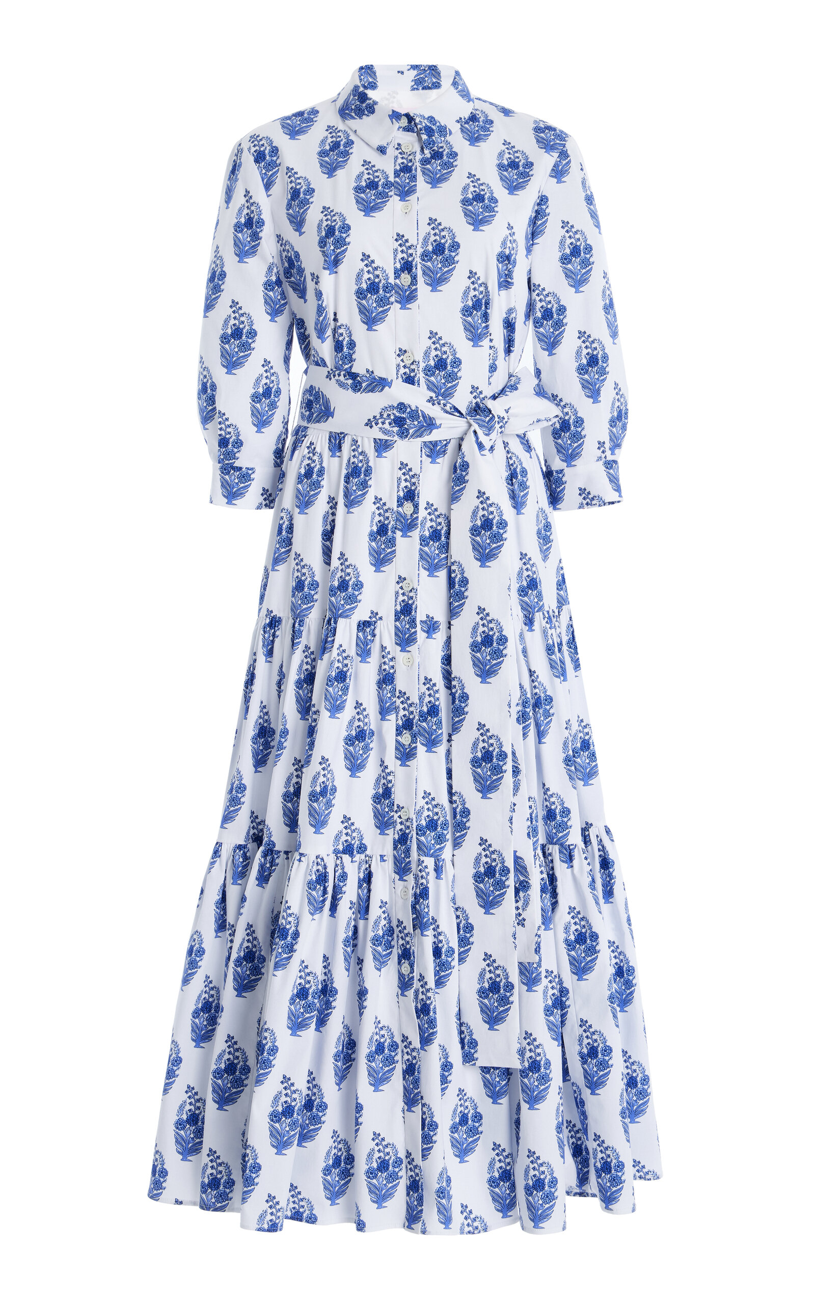 Carolina Herrera Floral Print Tiered Stretch Cotton Shirtdress In White
