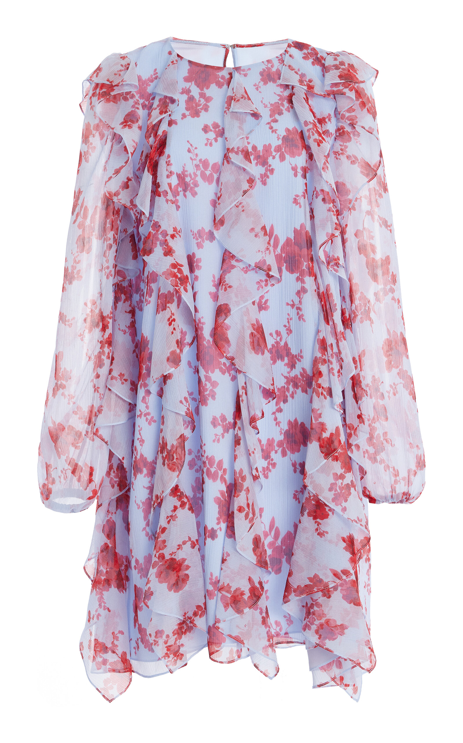 Carolina Herrera Floral Print Long Sleeve Tiered Ruffle Silk Chiffon Minidress In Multi