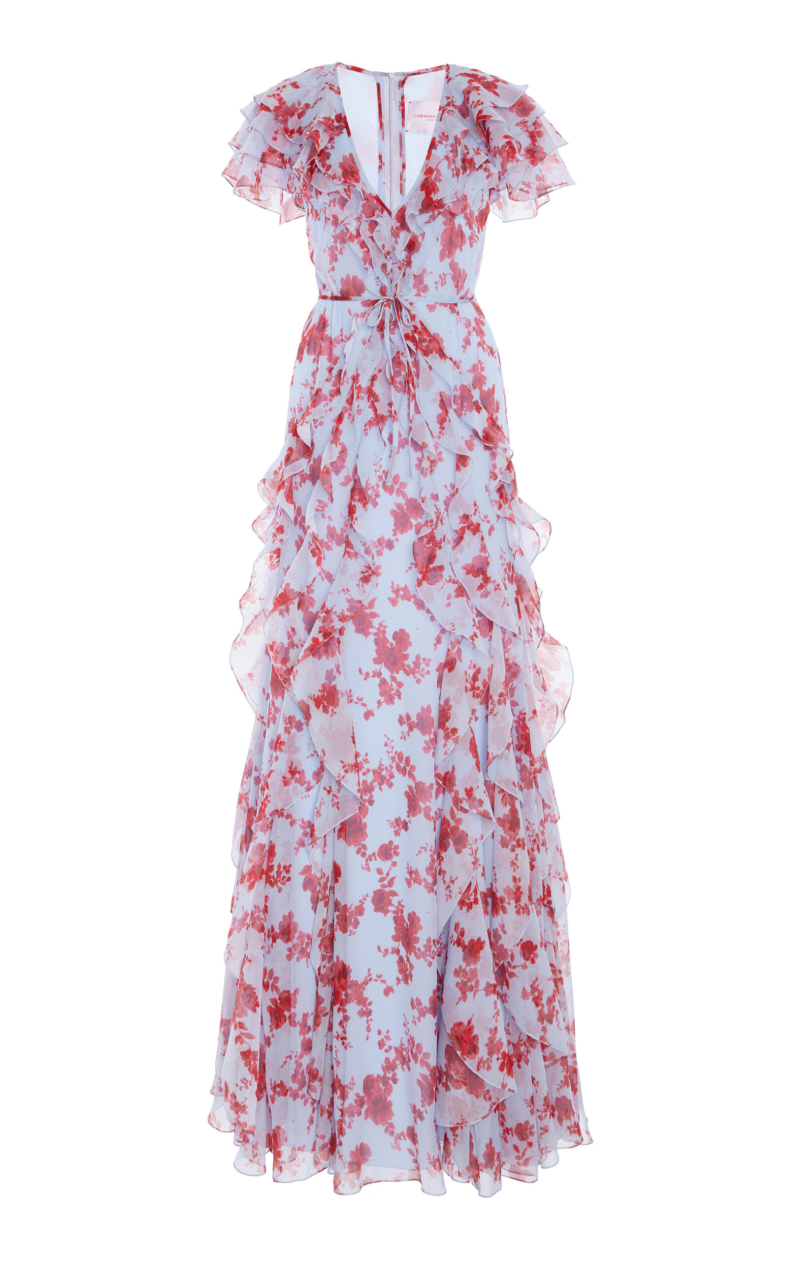 Carolina Herrera Plunging Ruffle Short-sleeve Silk Gown In Multi