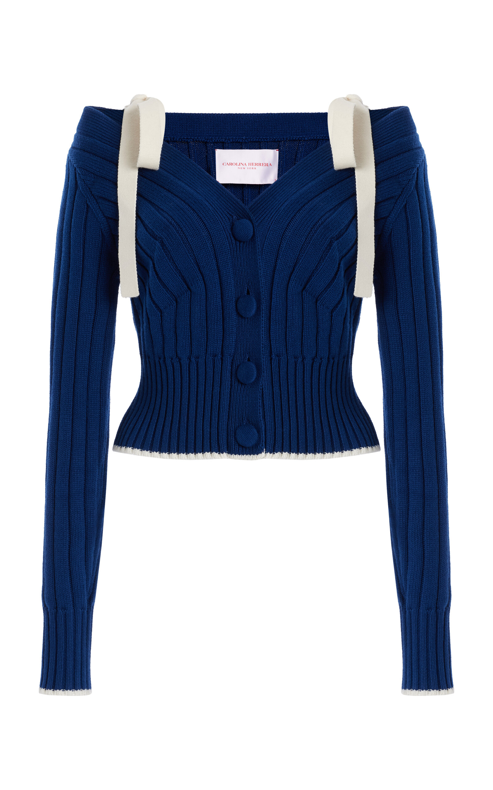 Tie-Detailed Knit Cotton-Wool Off-The-Shoulder Cardigan