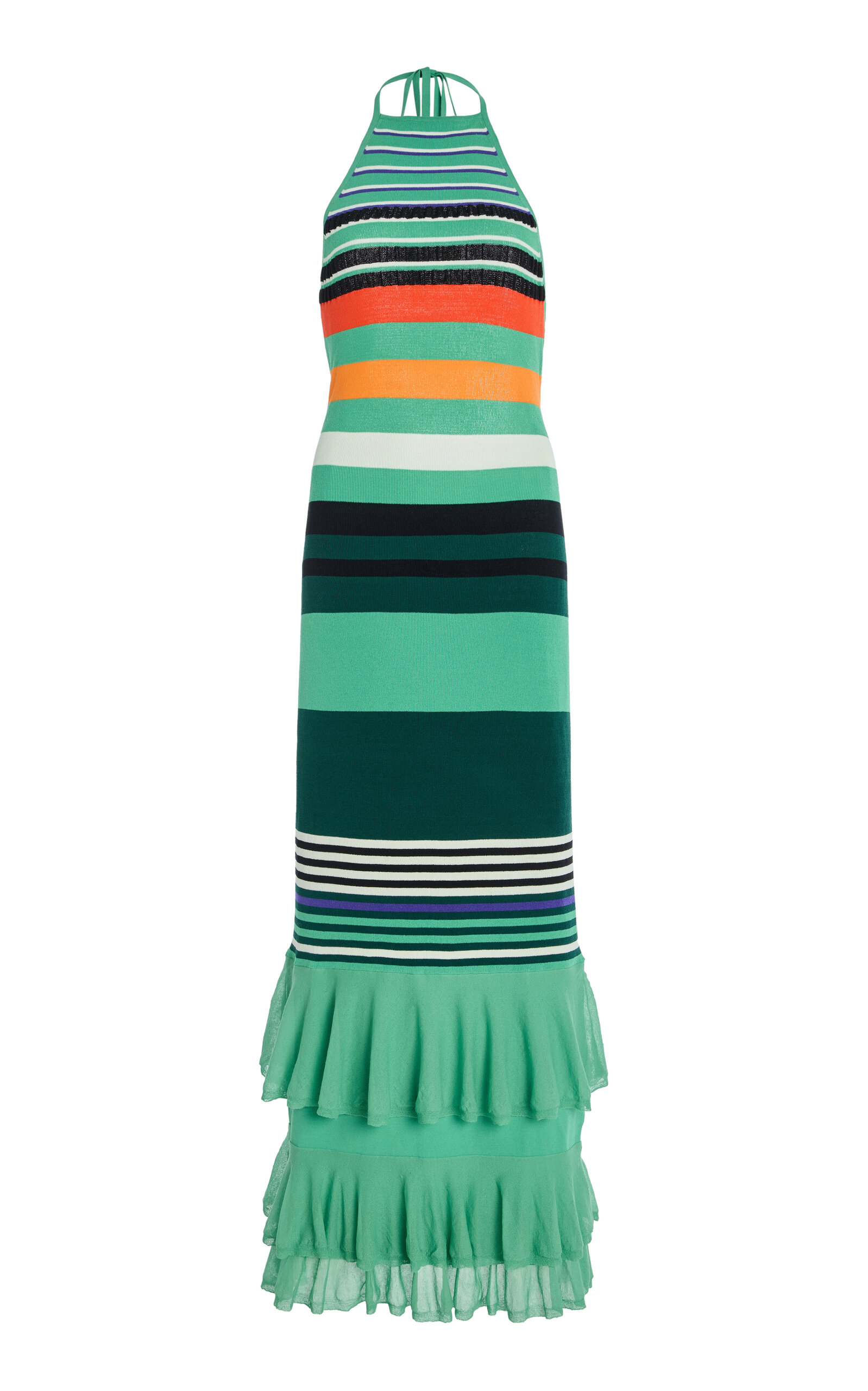 Christopher John Rogers Ruffled Striped Cotton-Blend Halter Dress