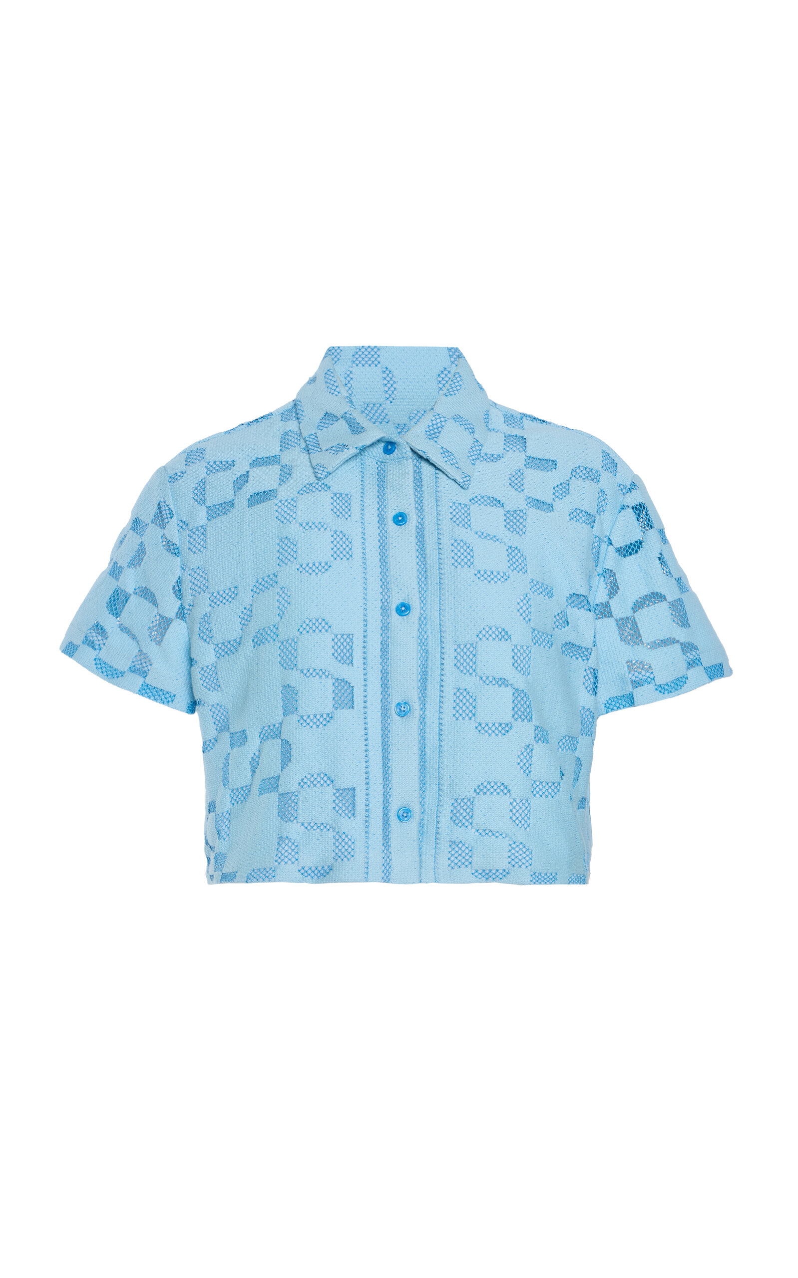 Simkhai Makaia Cropped Button Down Shirt In Azure Sky Multi In Blue