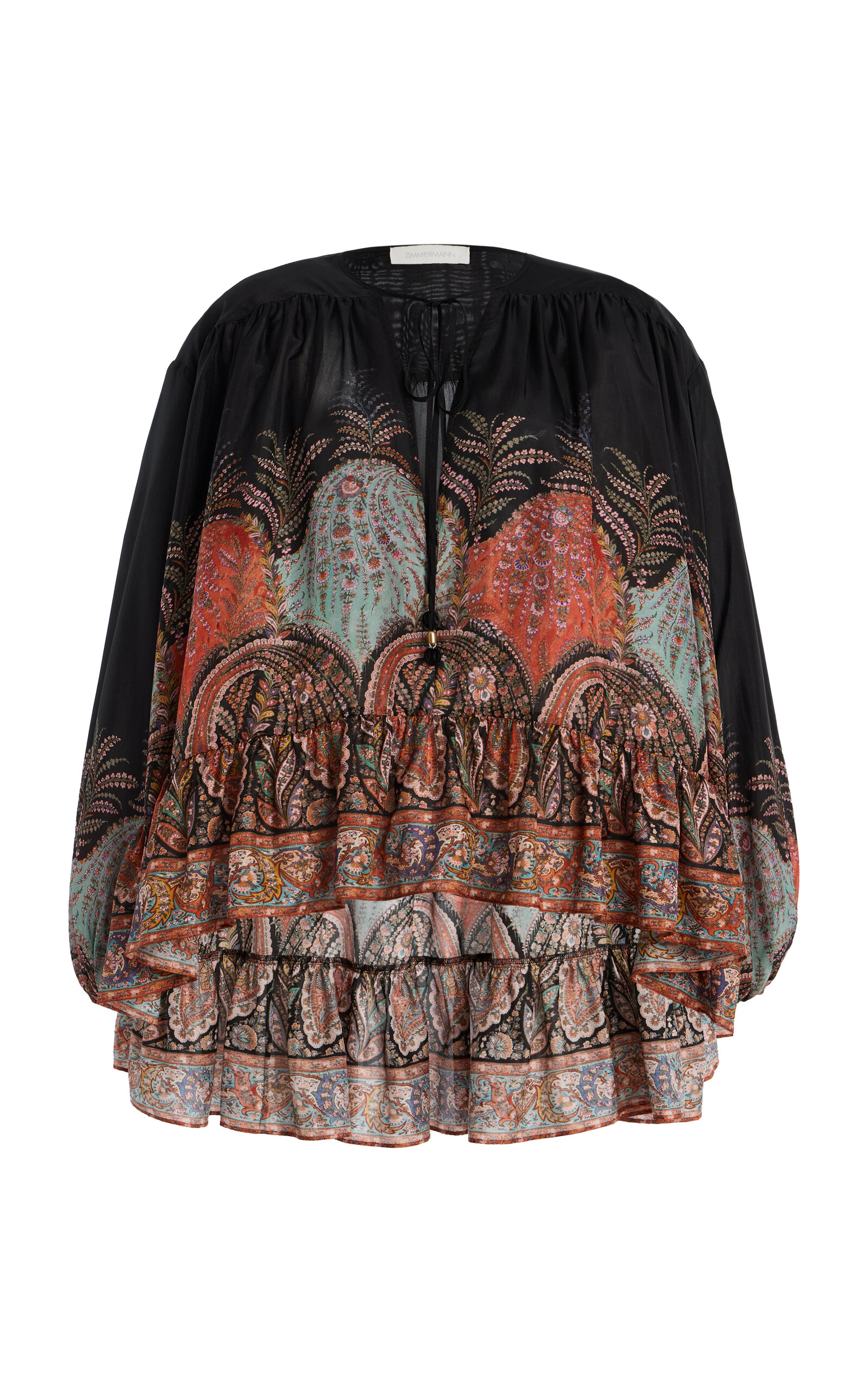 Zimmermann Rhiannon Ruffle Billow Silk Blouse In Black Paisley In Black