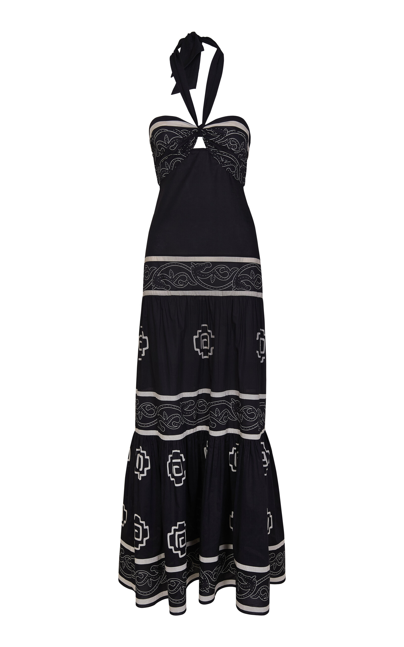 Johanna Ortiz Orilla Del Mar Flared Cotton Maxi Dress In Black,white