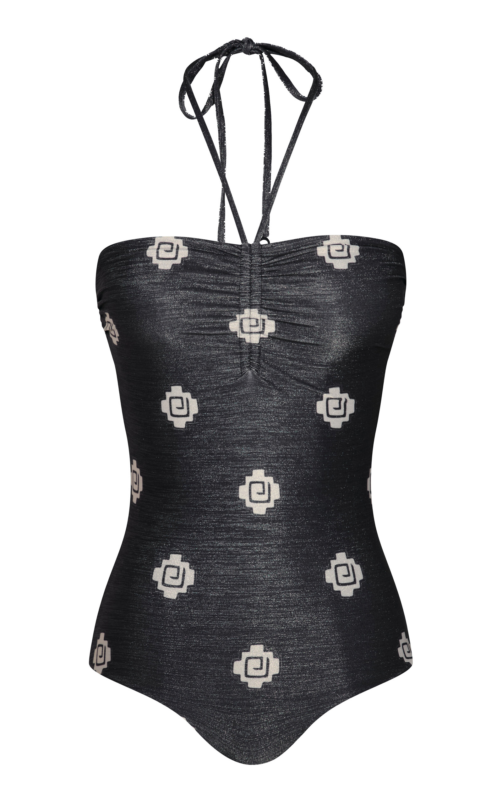 Johanna Ortiz Occasus Ruched Metallic One-piece Swimsuit In Black,white