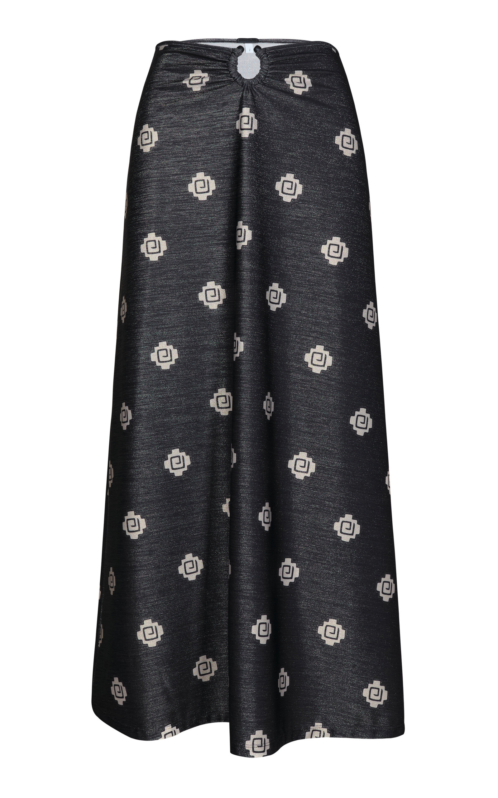 Johanna Ortiz Keel Gathered Ring-detailed Metallic Jersey Midi Skirt In Black,white