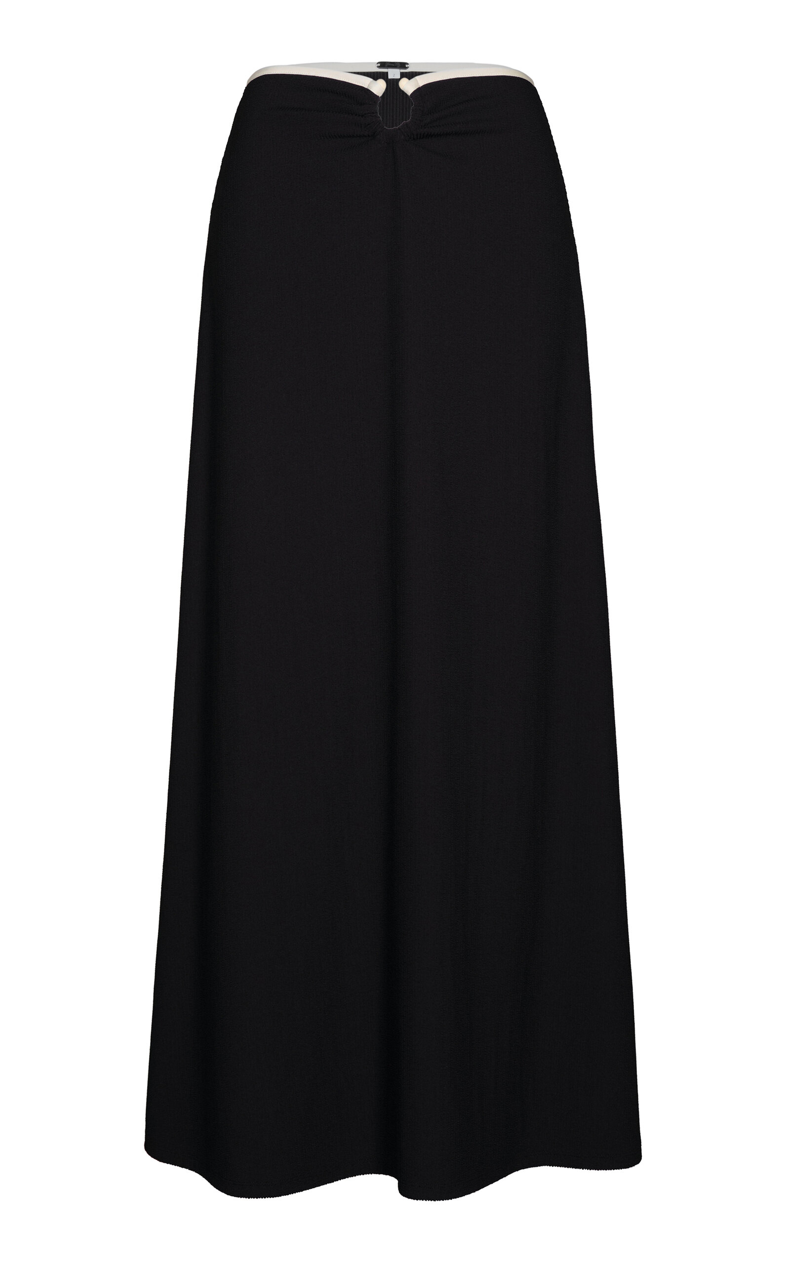 Johanna Ortiz Keel Gathered Ring-detailed Seersucker Midi Skirt In Black,white