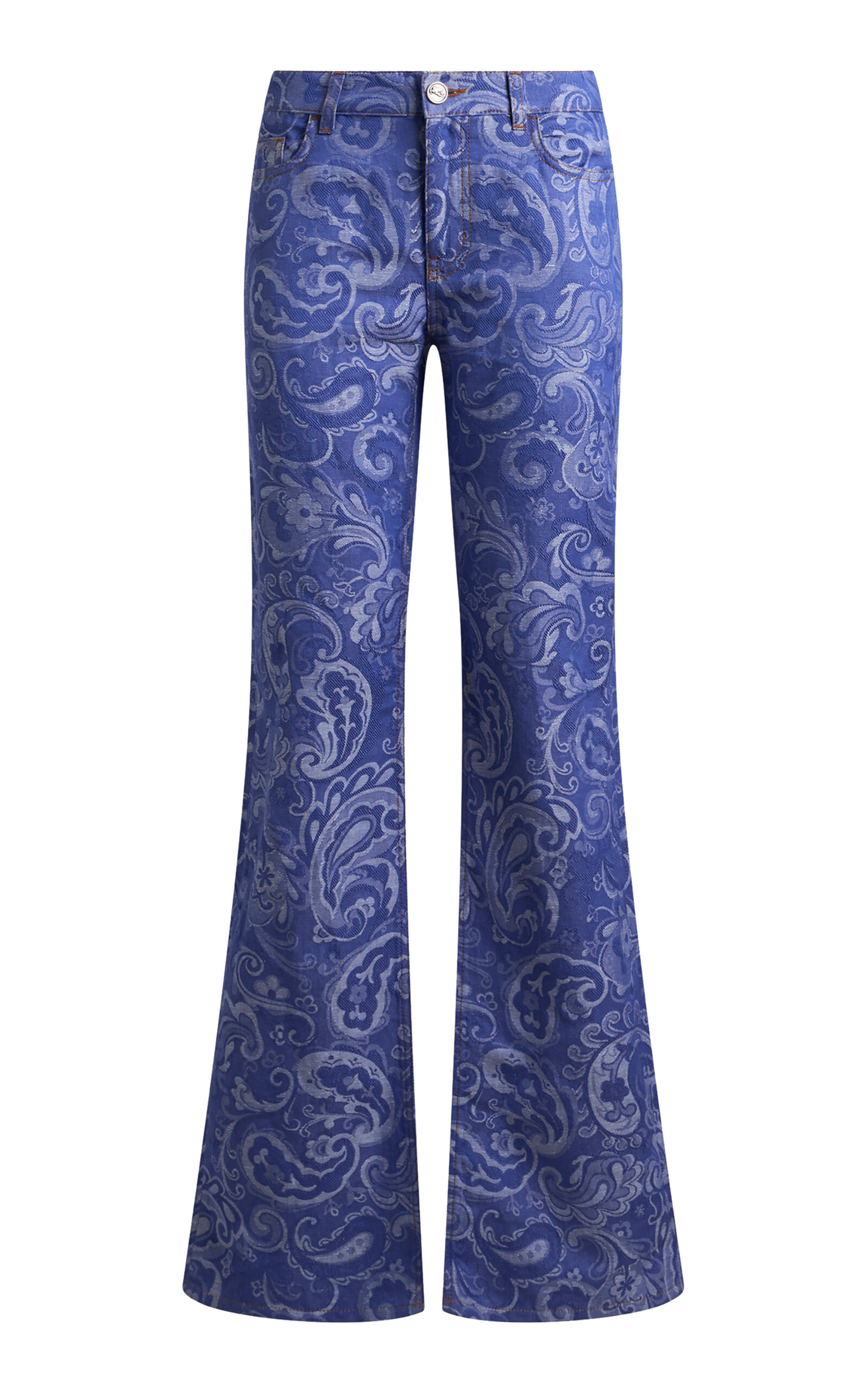 Etro Printed Cotton-linen Denim Pants In Blue