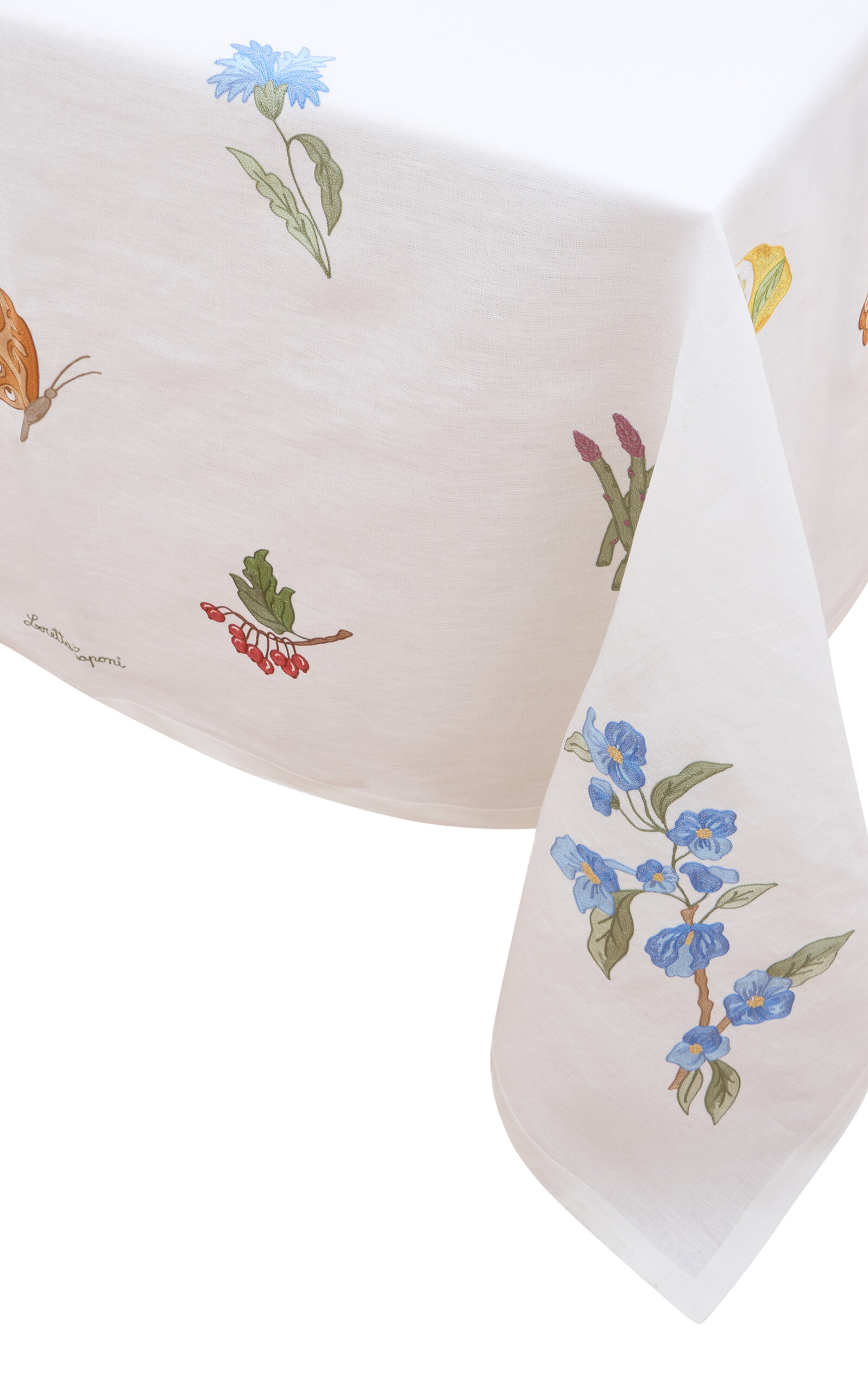 Loretta Caponi X Carlos Mota Natura Embroidered Rectangular Tablecloth In Linen; Seats 8 With Napkins In White