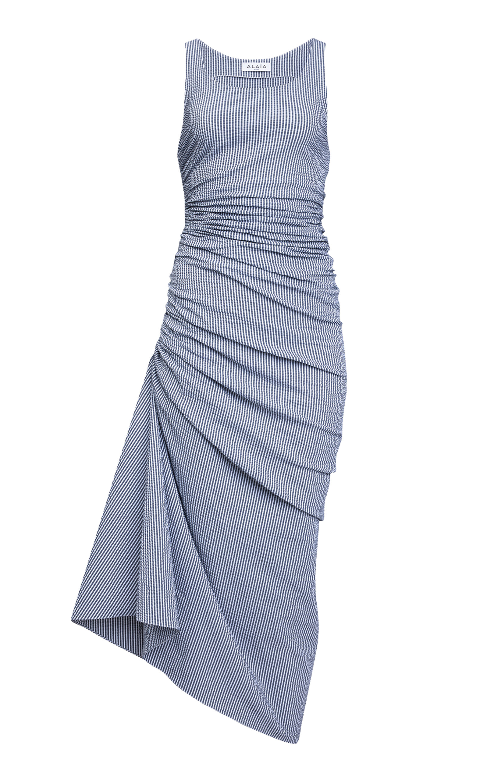 ALAÏA Gathered Striped-Seersucker Midi Dress