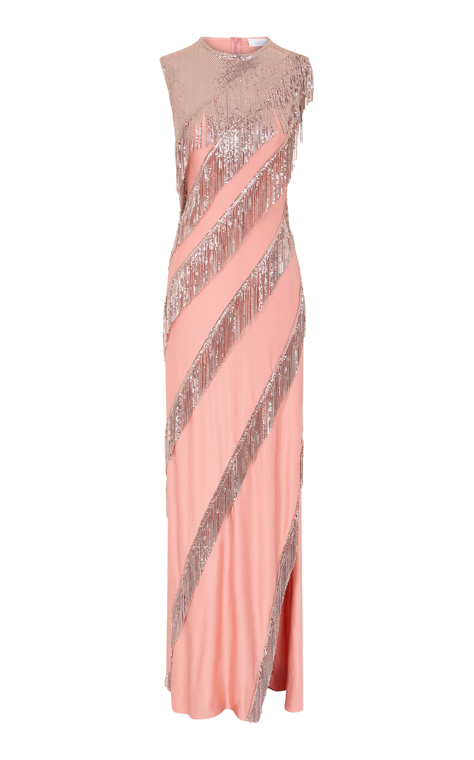 Rabanne Chainmail-fringed Satin Maxi Dress In Pink