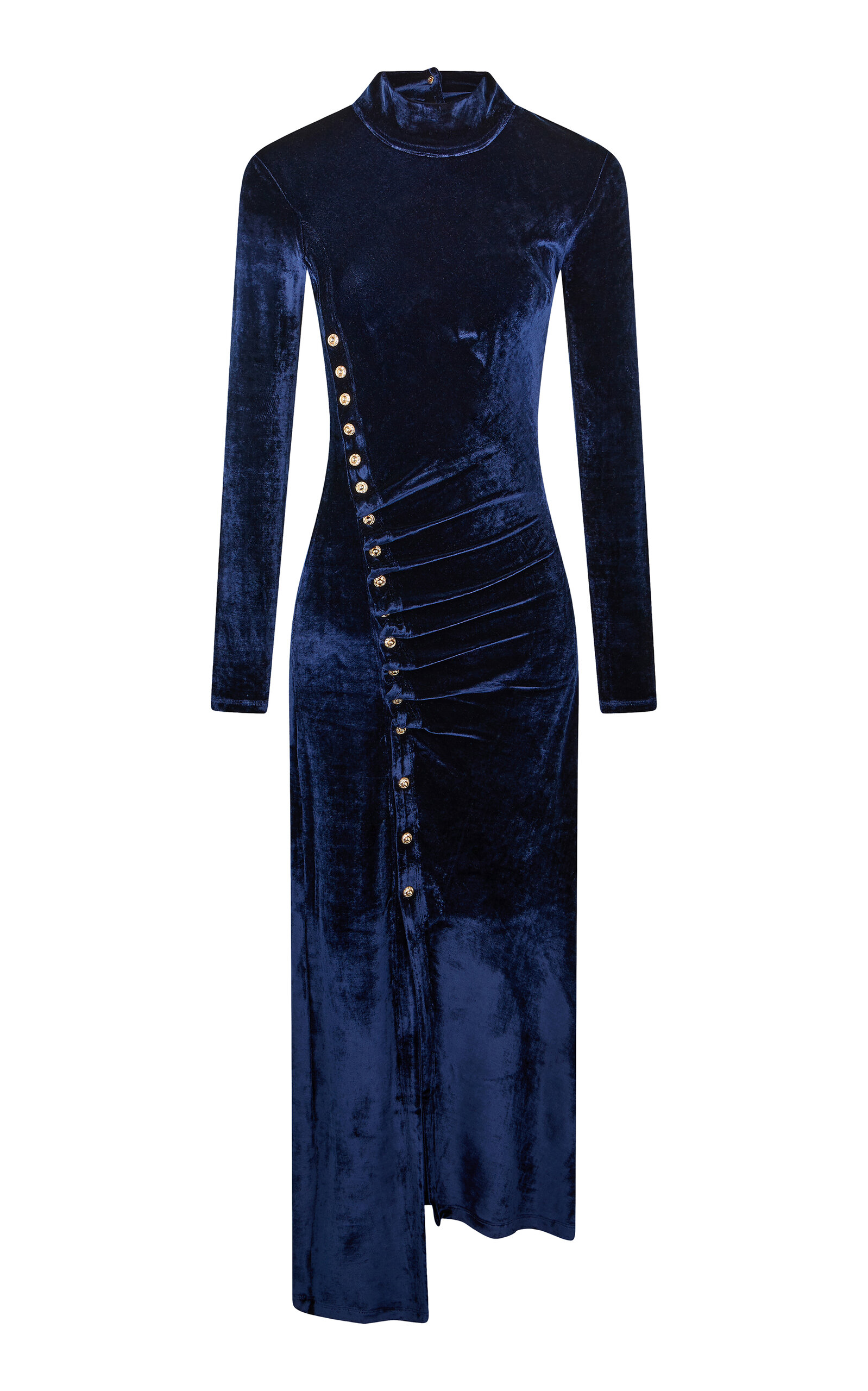 Rabanne Asymmetric Buttoned Velvet Midi Dress In Blue