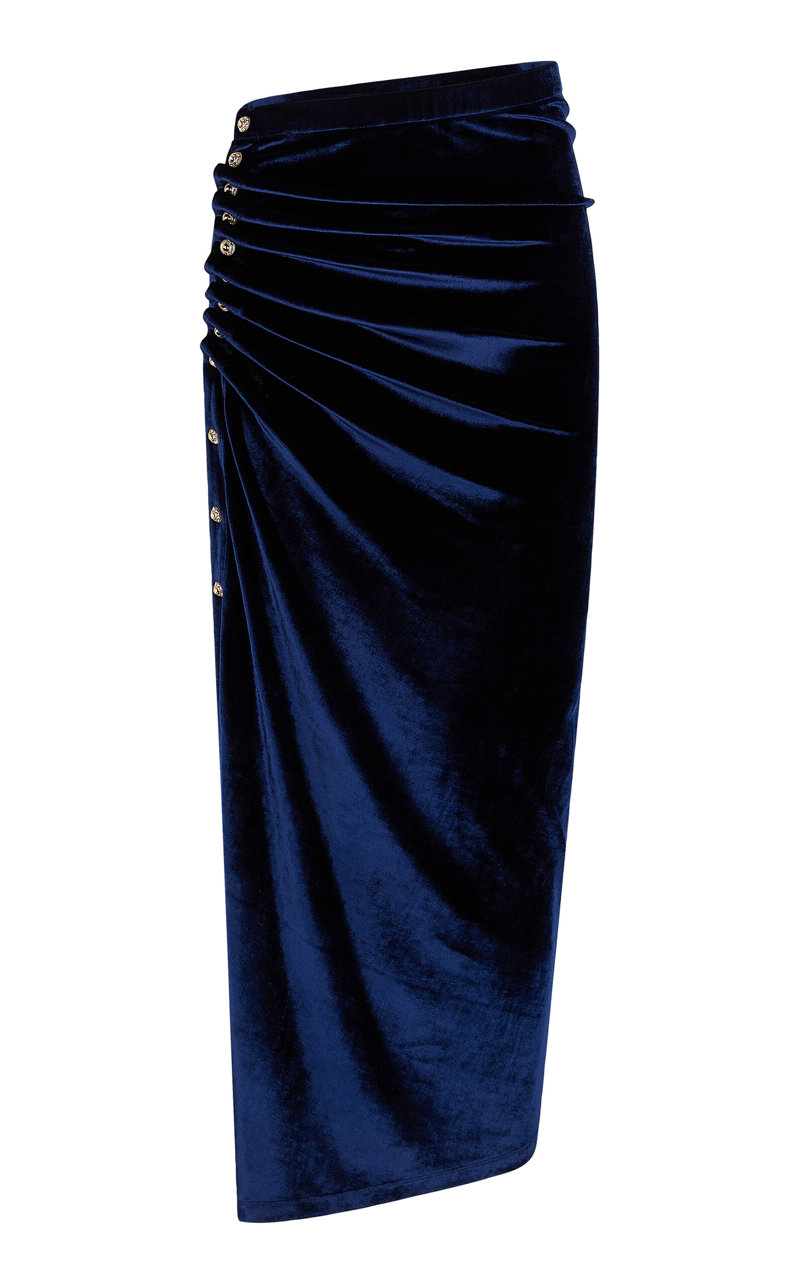 Shop Rabanne Asymmetric Buttoned Velvet Midi Skirt In Navy