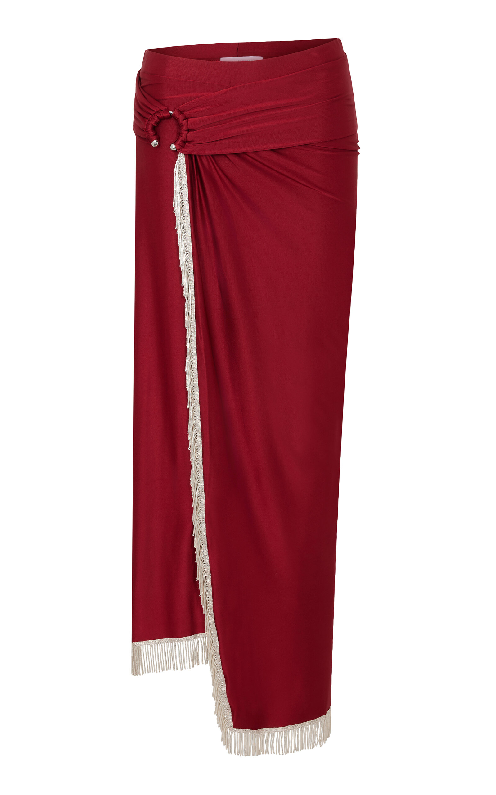 Rabanne Fringed Stretch-satin Wrap Midi Skirt In Red