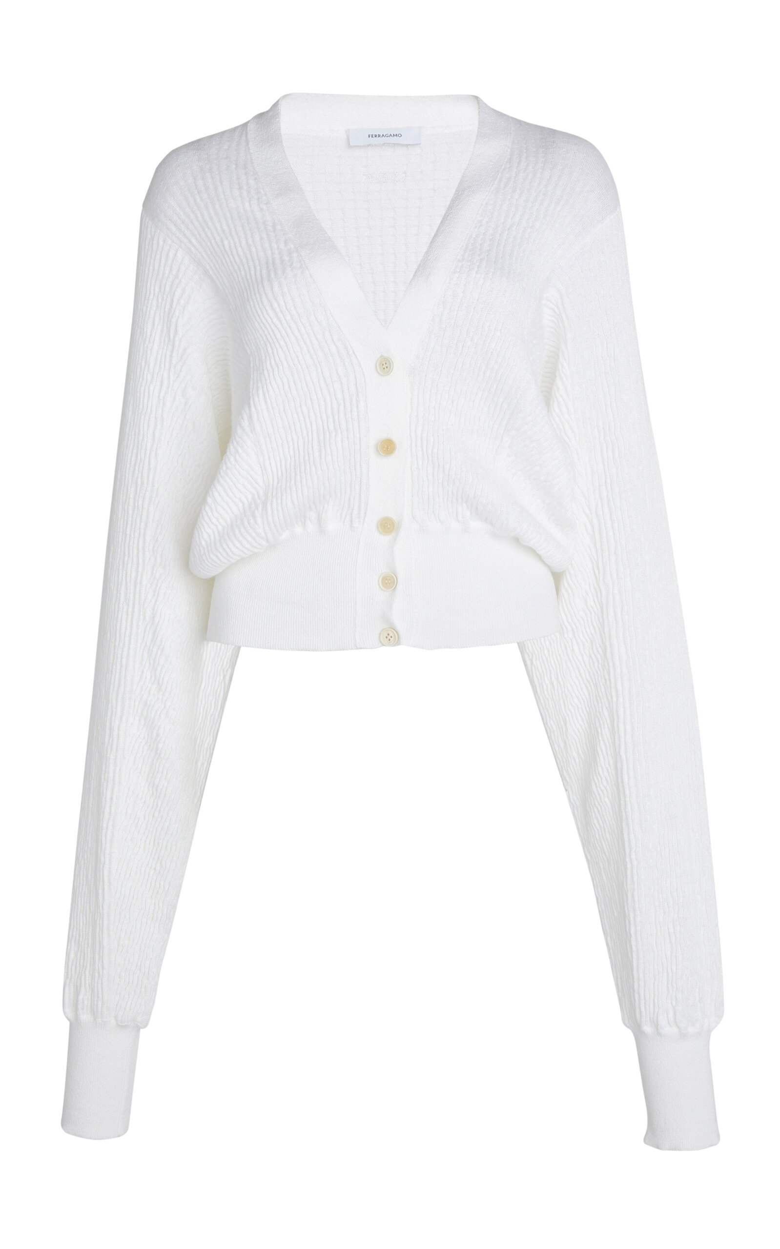 Ferragamo Crinkled-knit Linen-blend Cardigan In White