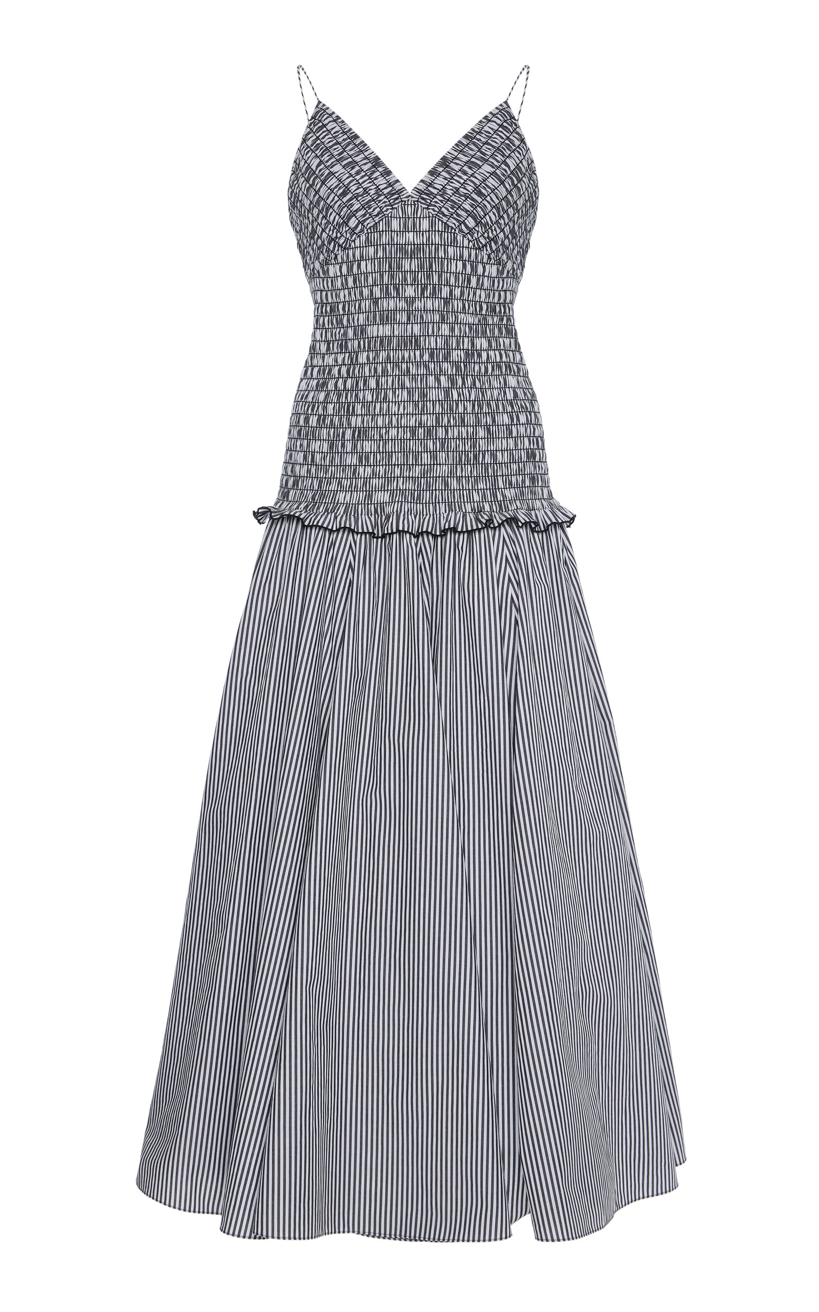 Brandon Maxwell The Josie Shirred Striped Cotton Midi Dress In Black,white
