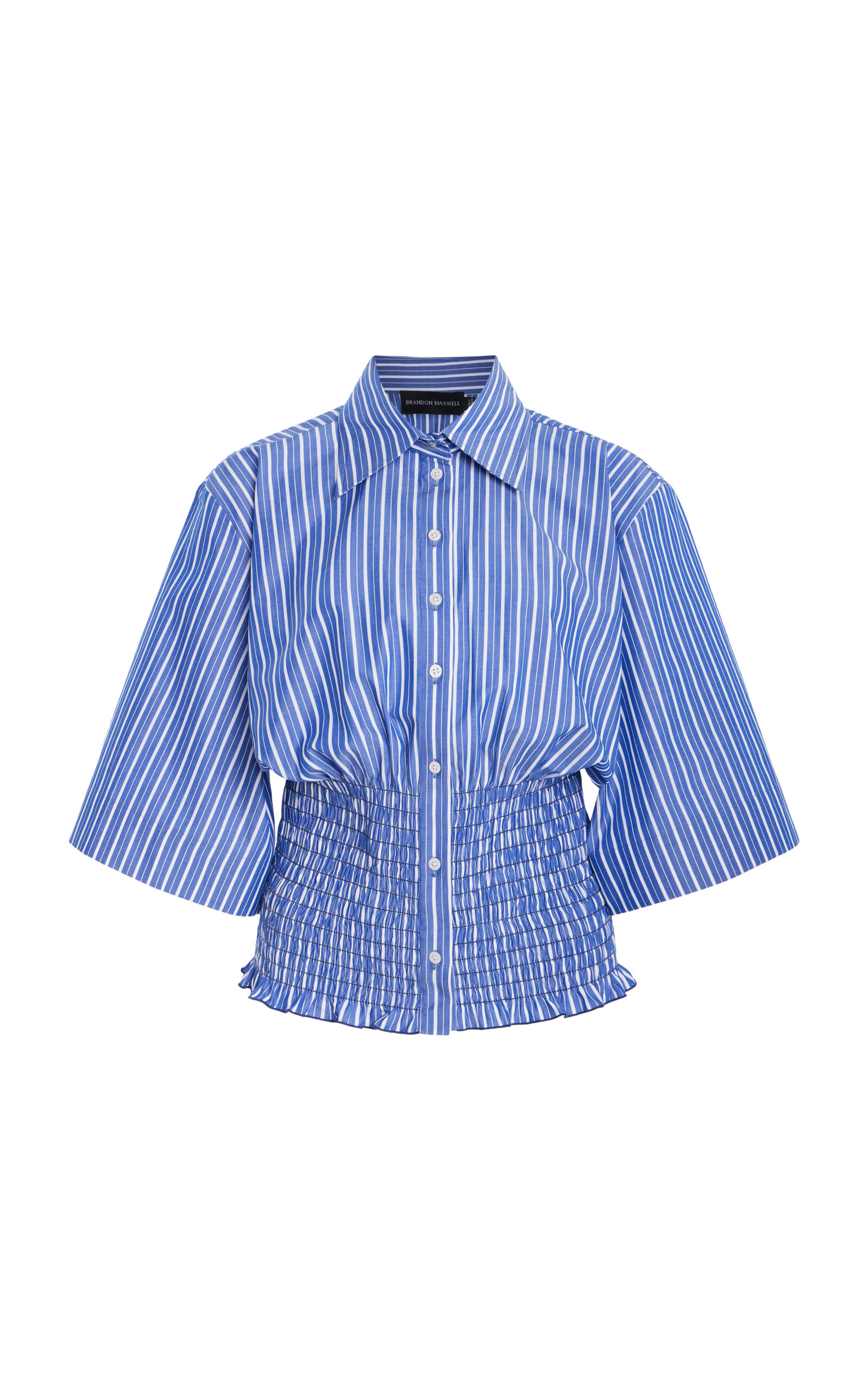 Brandon Maxwell The Harte Button Up Shirt With Smocked Bodice Navy Stripe In Blue