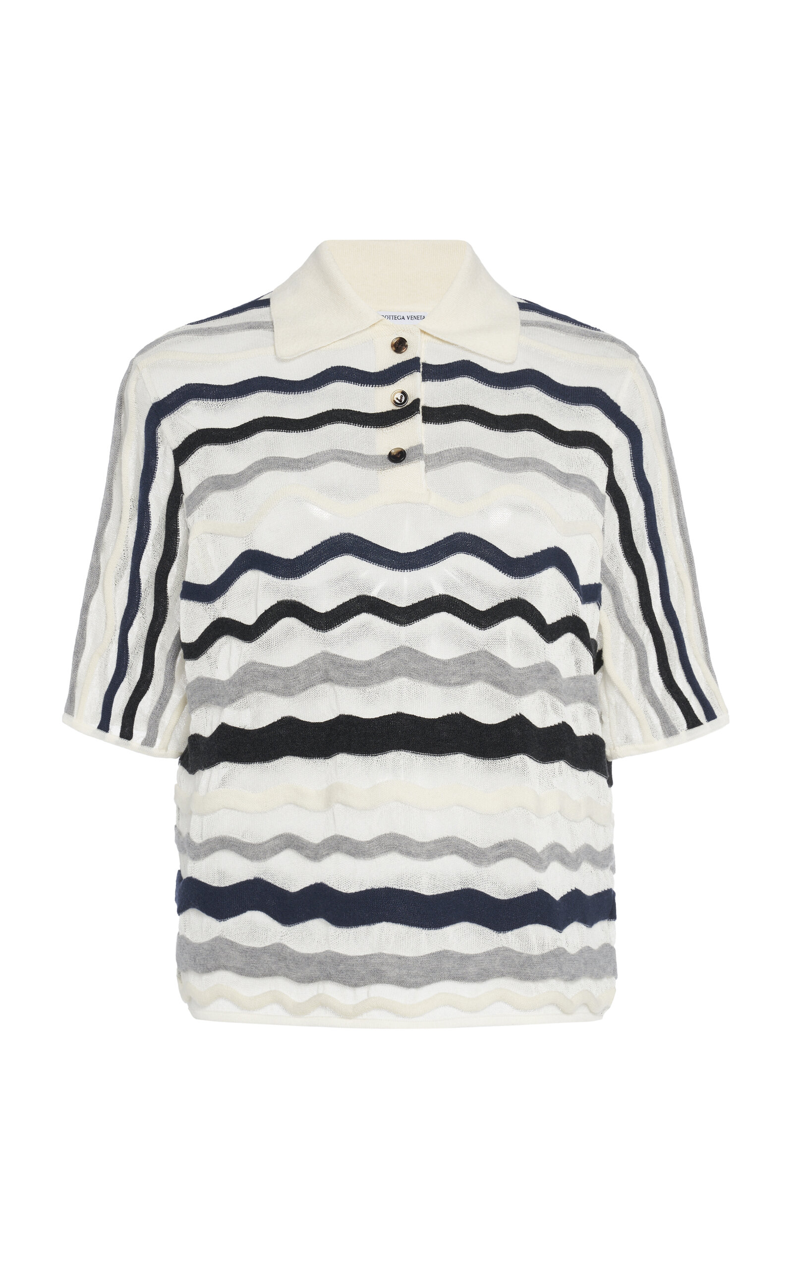 Bottega Veneta Layered Chevron Stripe Wool Blend Polo Sweater