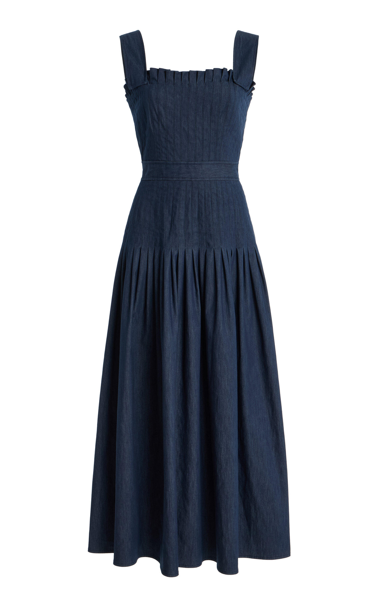 Carolina Herrera Pleated Cotton Twill Midi Dress In Navy