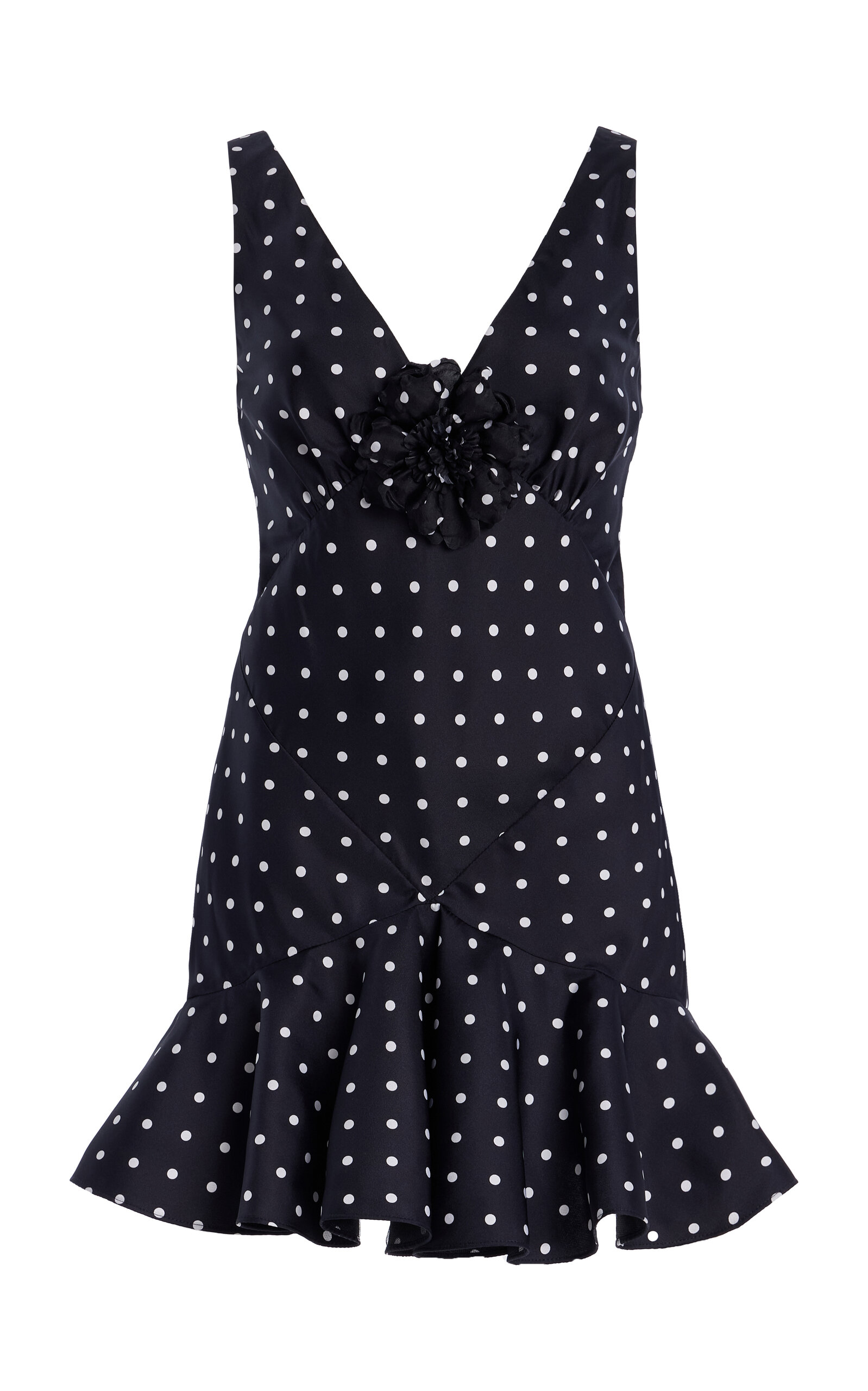 Rodarte Flower-detailed Polka-dot Silk-twill Mini Dress In Black