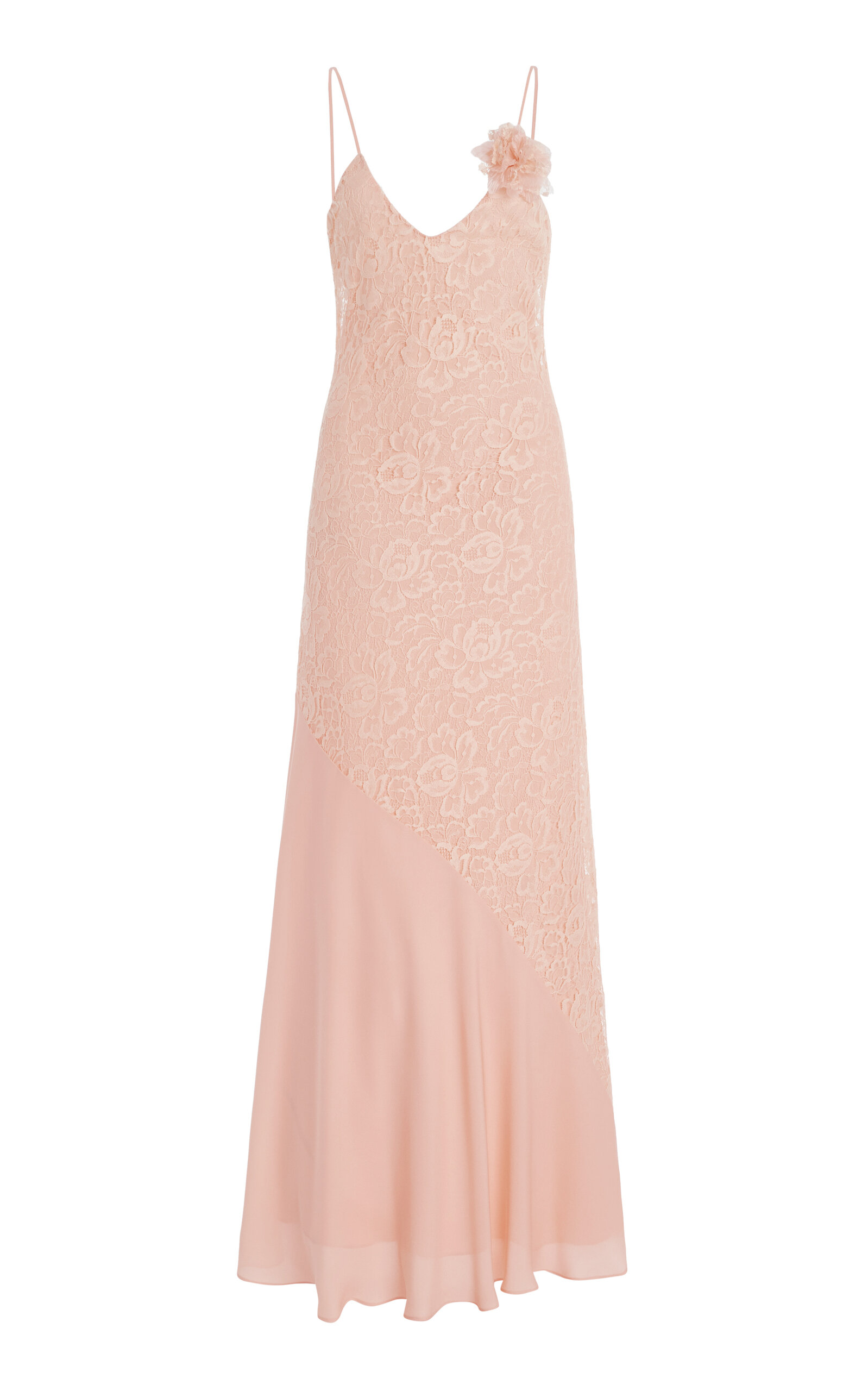 Rodarte Georgette-detailed Lace Slip Gown In Pink
