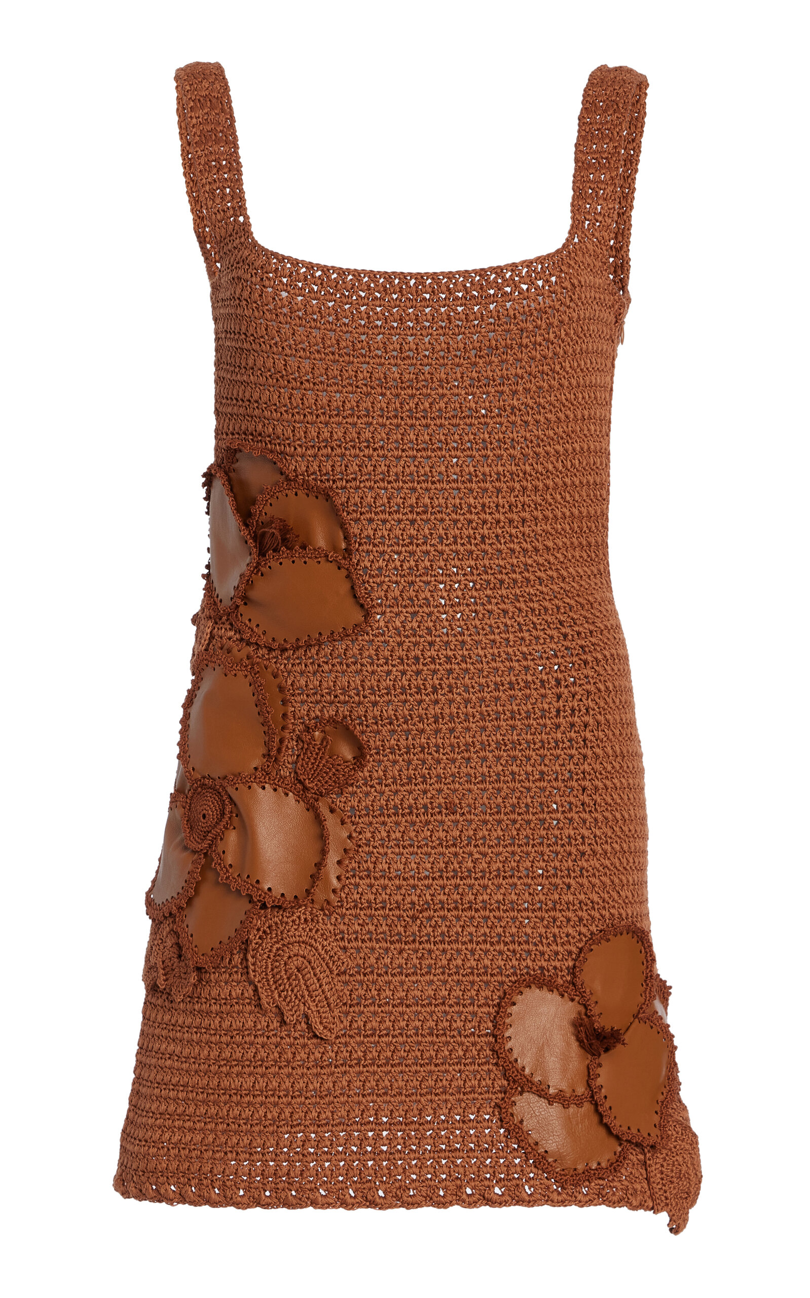 Oscar De La Renta Leather-trimmed Crocheted Cotton Mini Dress In Brown