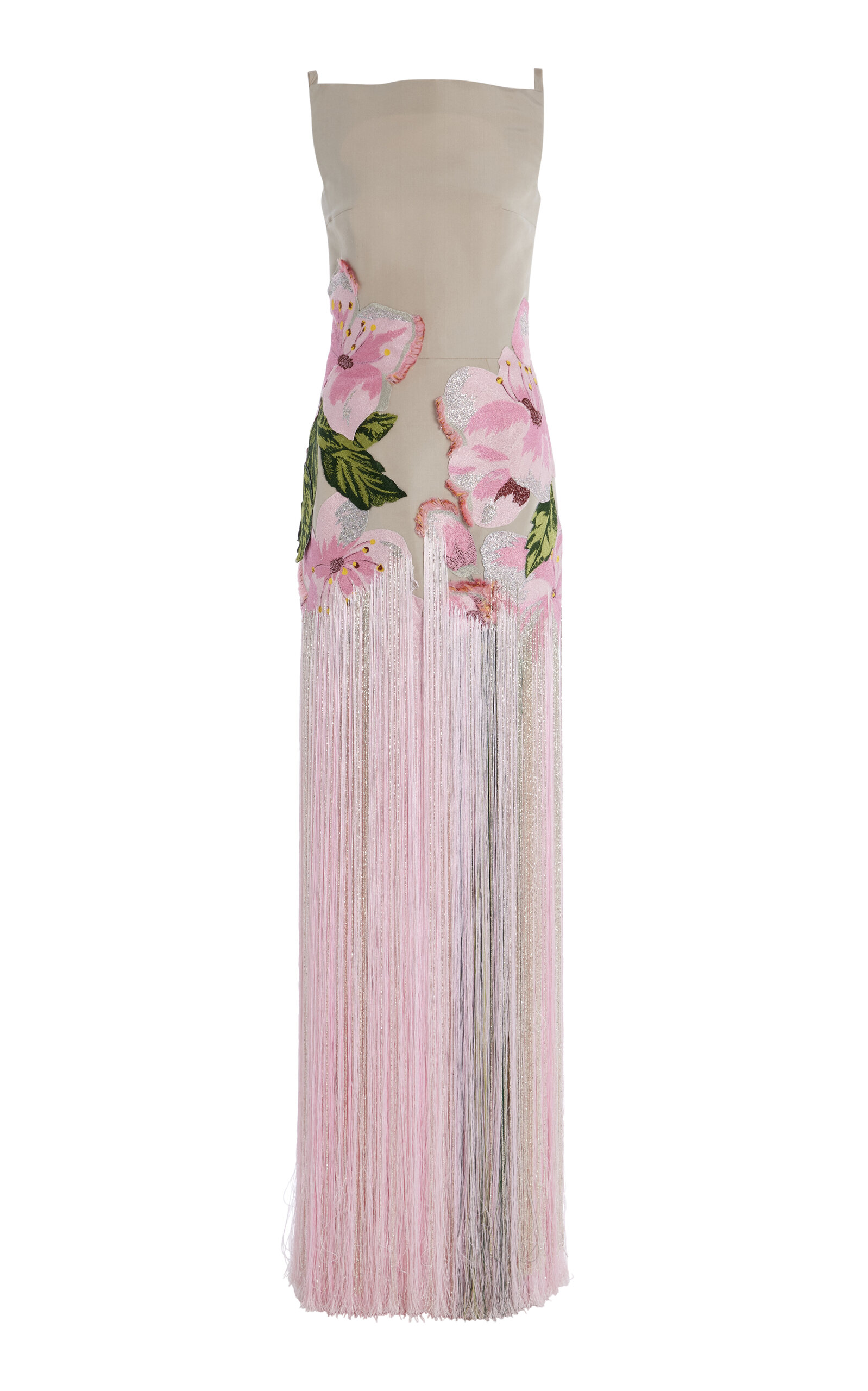 Shop Oscar De La Renta Fringed Embroidered Faille Gown In Grey