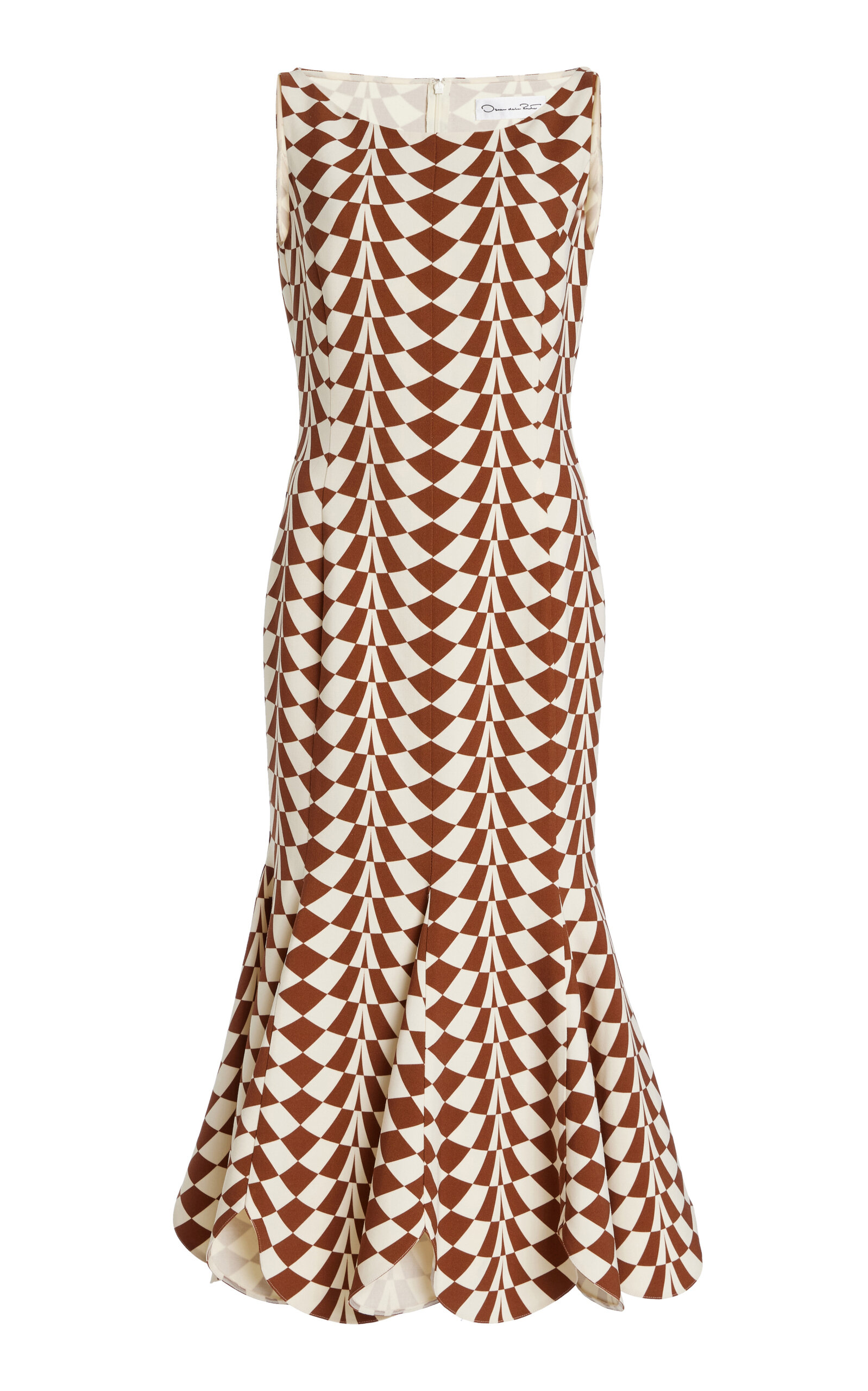 Oscar De La Renta Sleeveless Geo Stretch Wool Scalloped Midi Dress In Brown