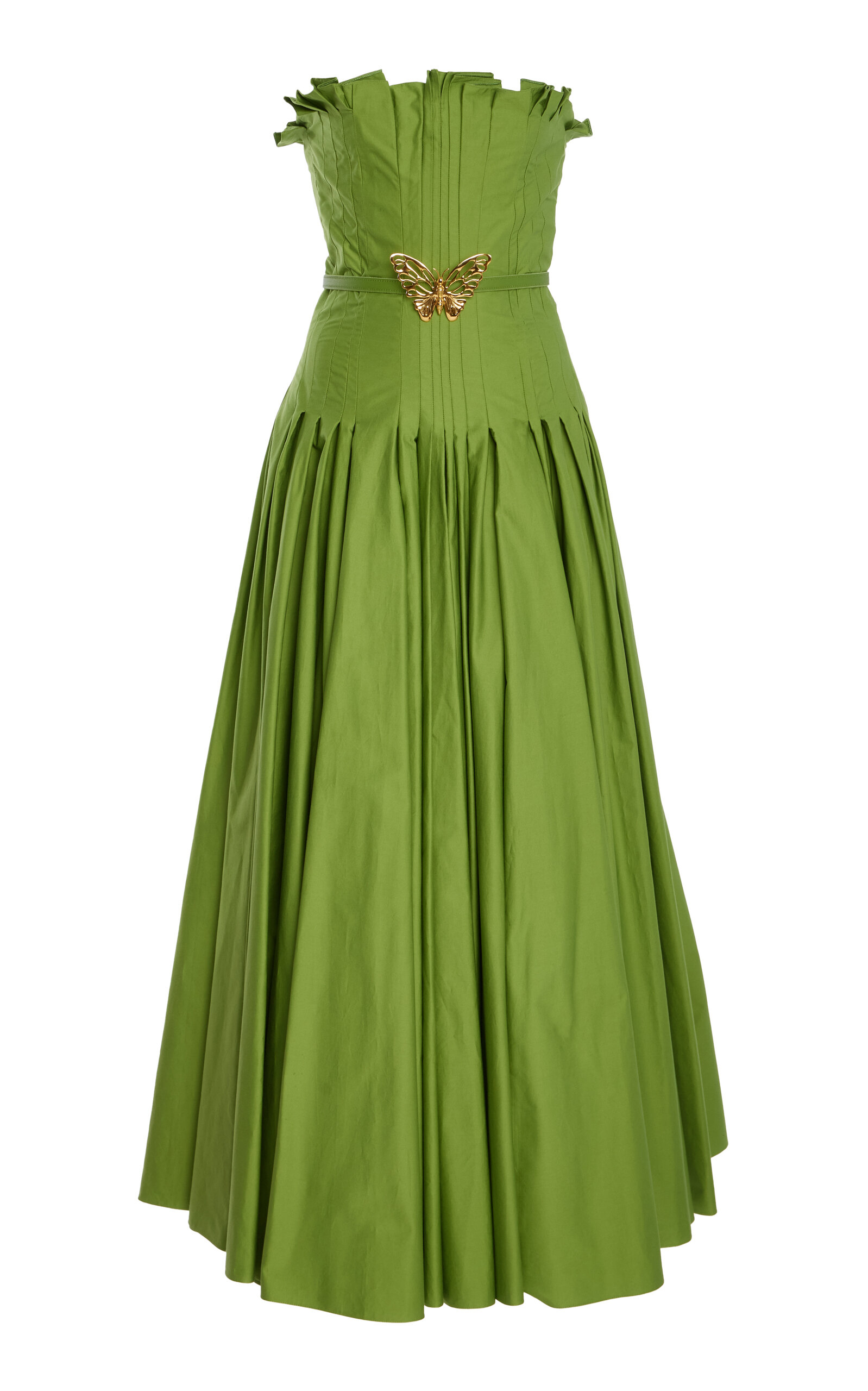 Oscar de la Renta Belted Pleated Cotton Twill Maxi Dress - Green