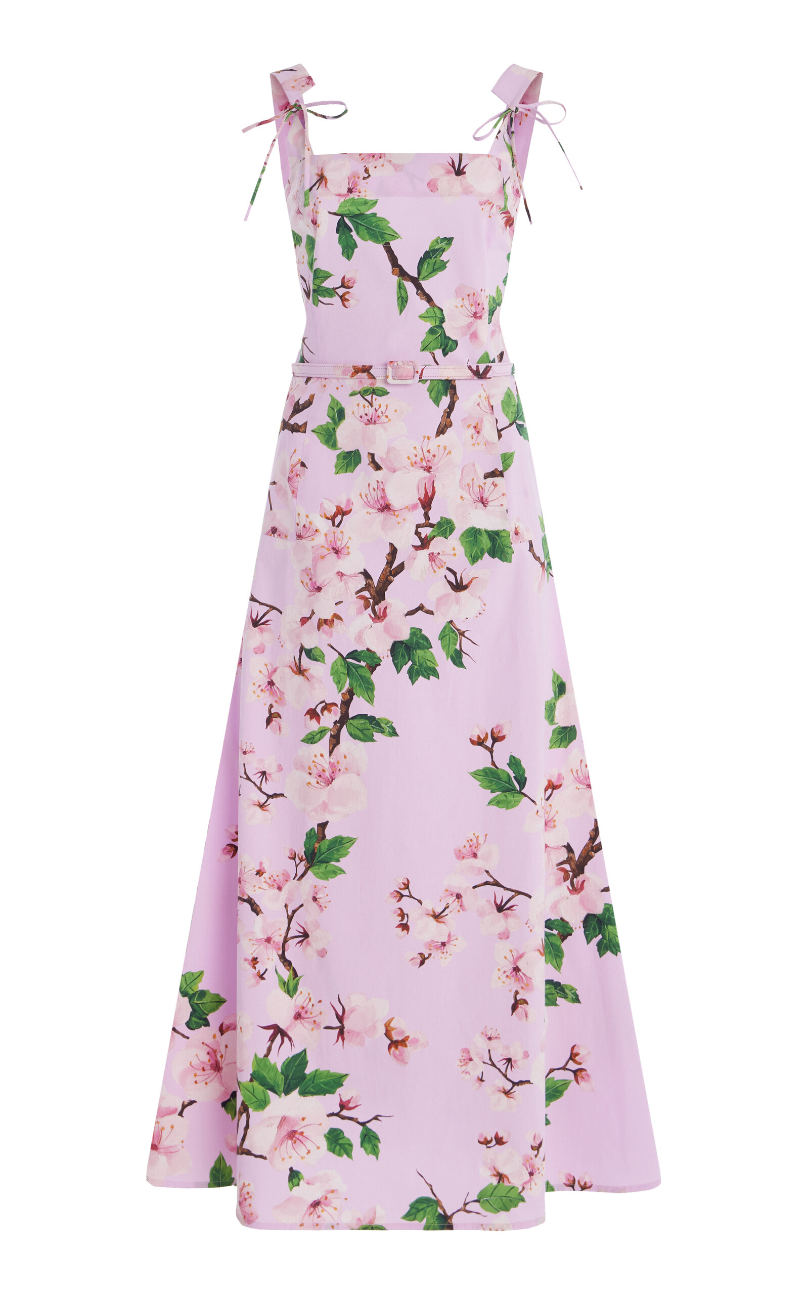 Oscar De La Renta Belted Bow-detailed Floral-print Stretch-cotton Poplin Midi Dress In Pink