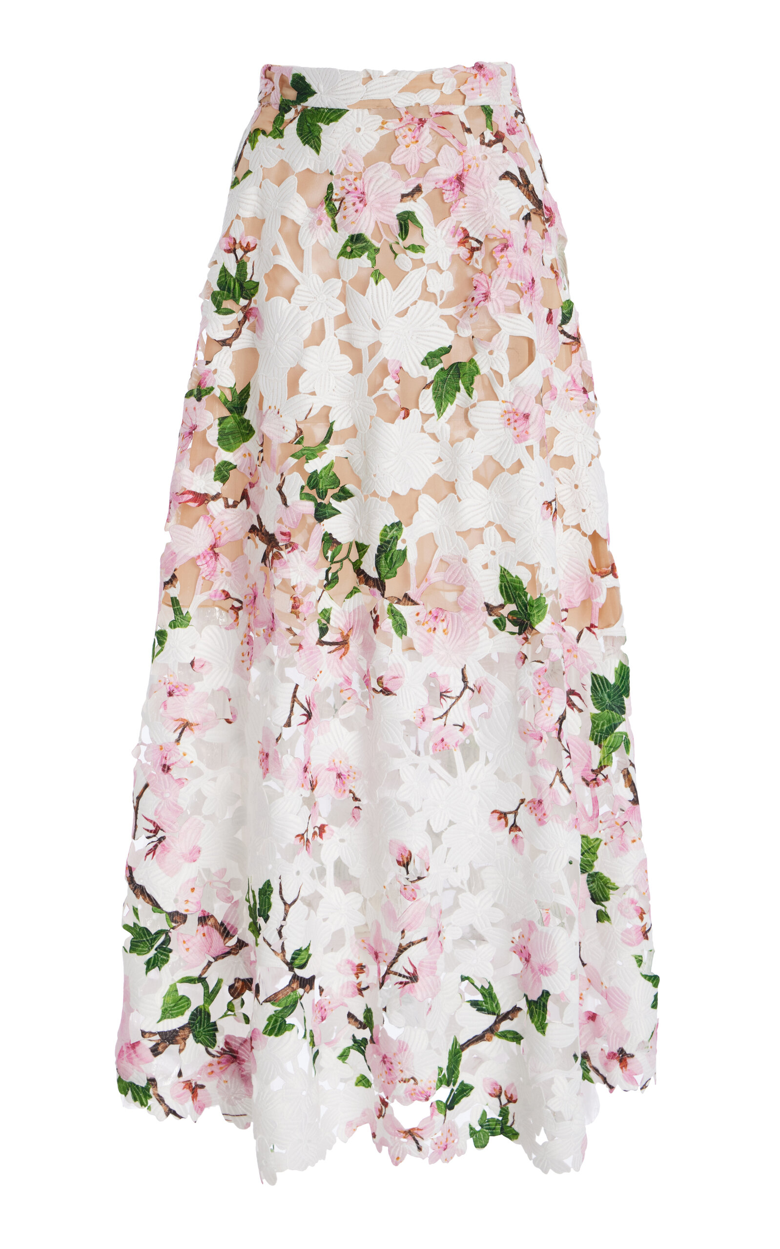 Shop Oscar De La Renta Floral Guipure Midi Skirt In Ivory
