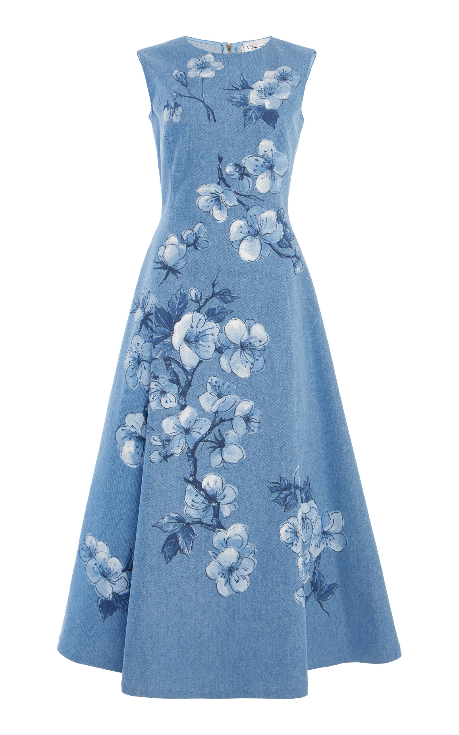Oscar De La Renta Cherry Blossom Printed Denim Sleeveless Midi Dress In Blue