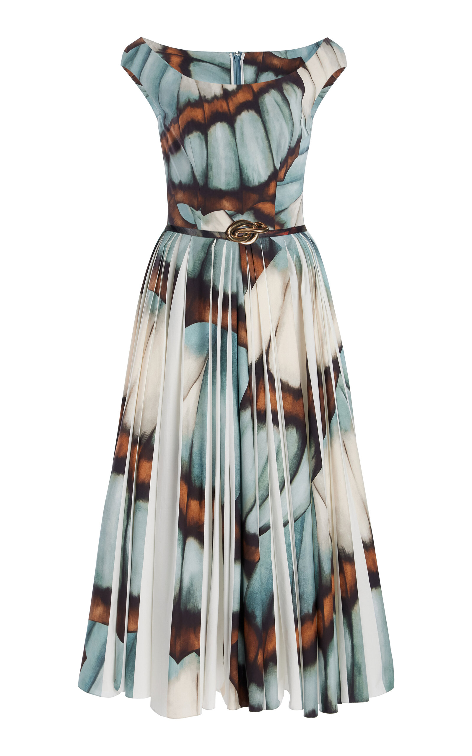 Oscar De La Renta Off-the-shoulder Butterfly Poplin Pleated Midi Dress With Belt In Blue