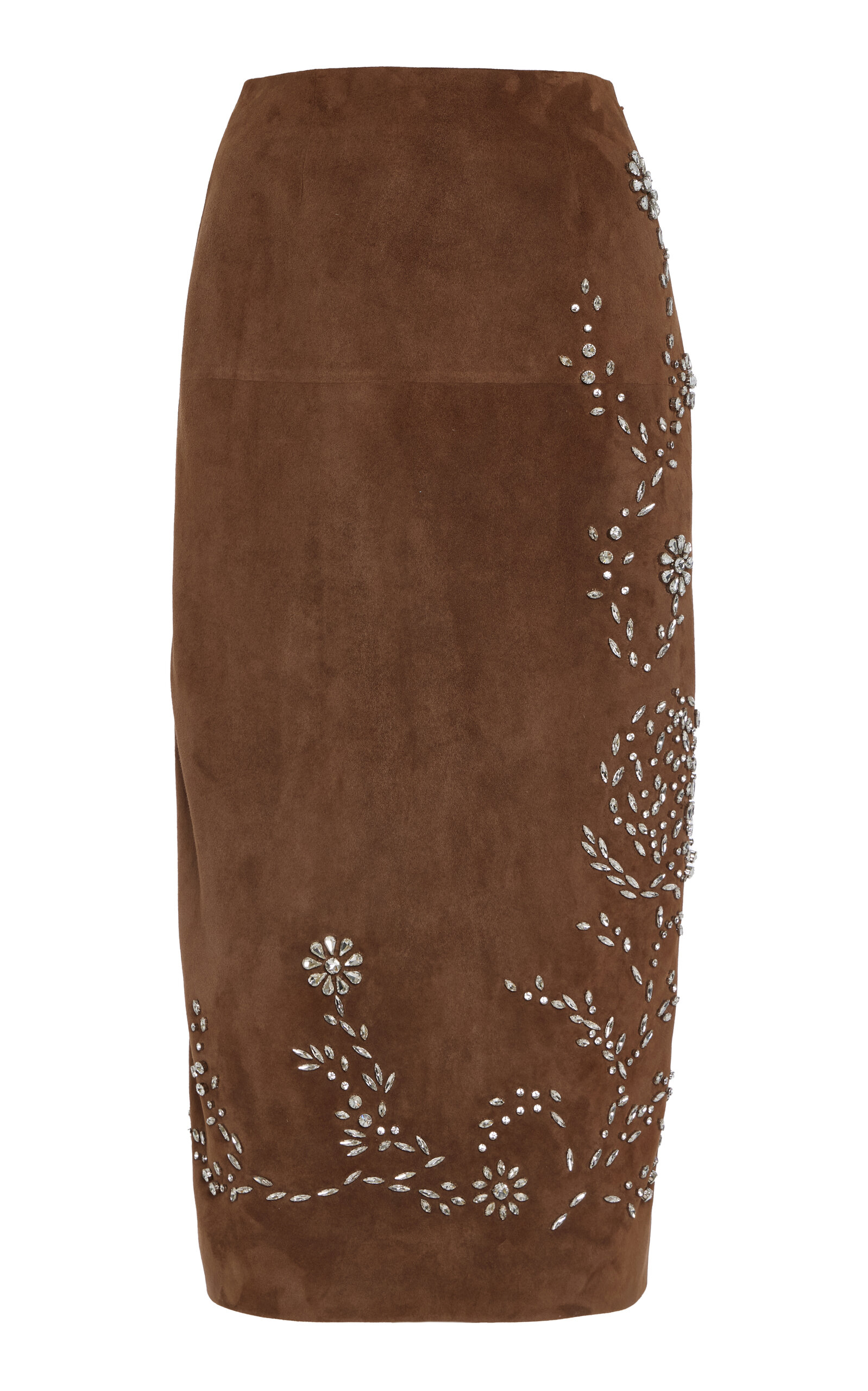 Oscar de la Renta Crystal-Embellished Suede Midi Skirt - Brown