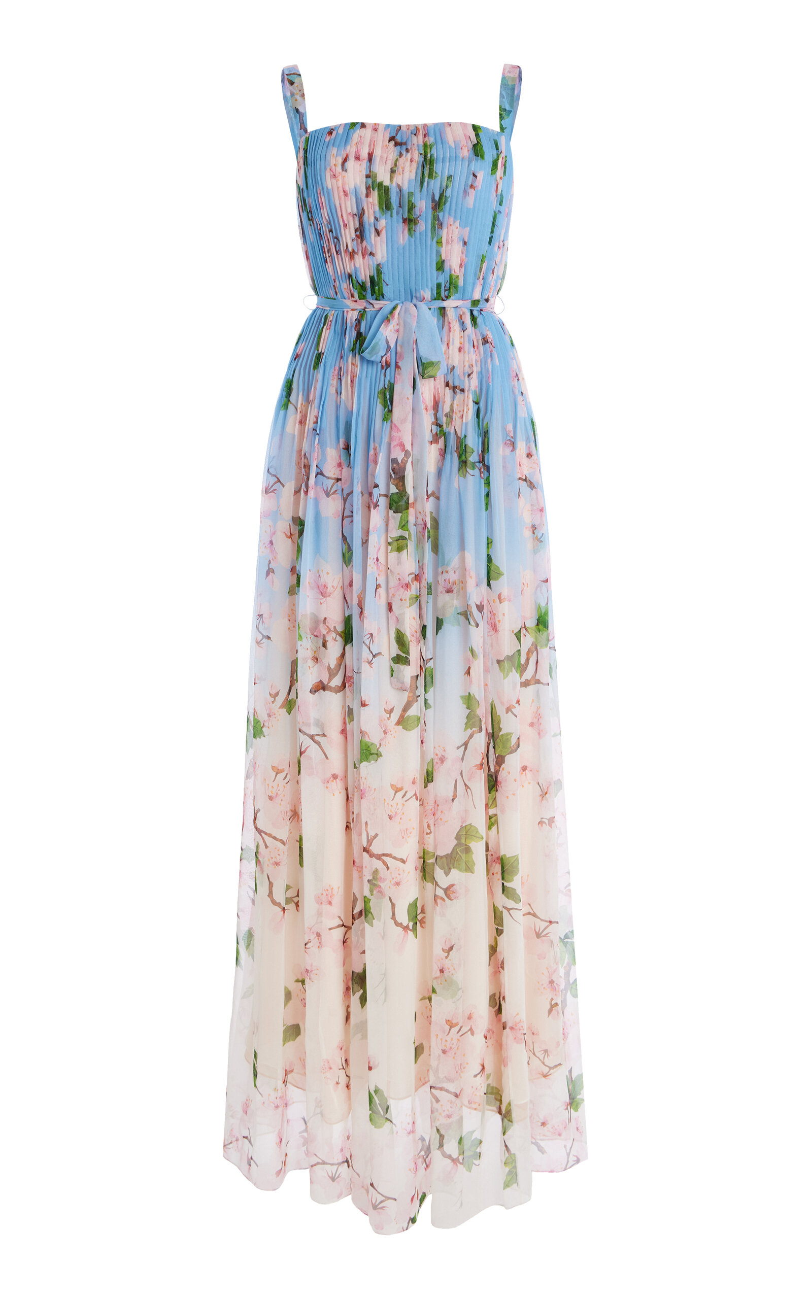 Shop Oscar De La Renta Pleated Silk Chiffon Gown In Light Blue