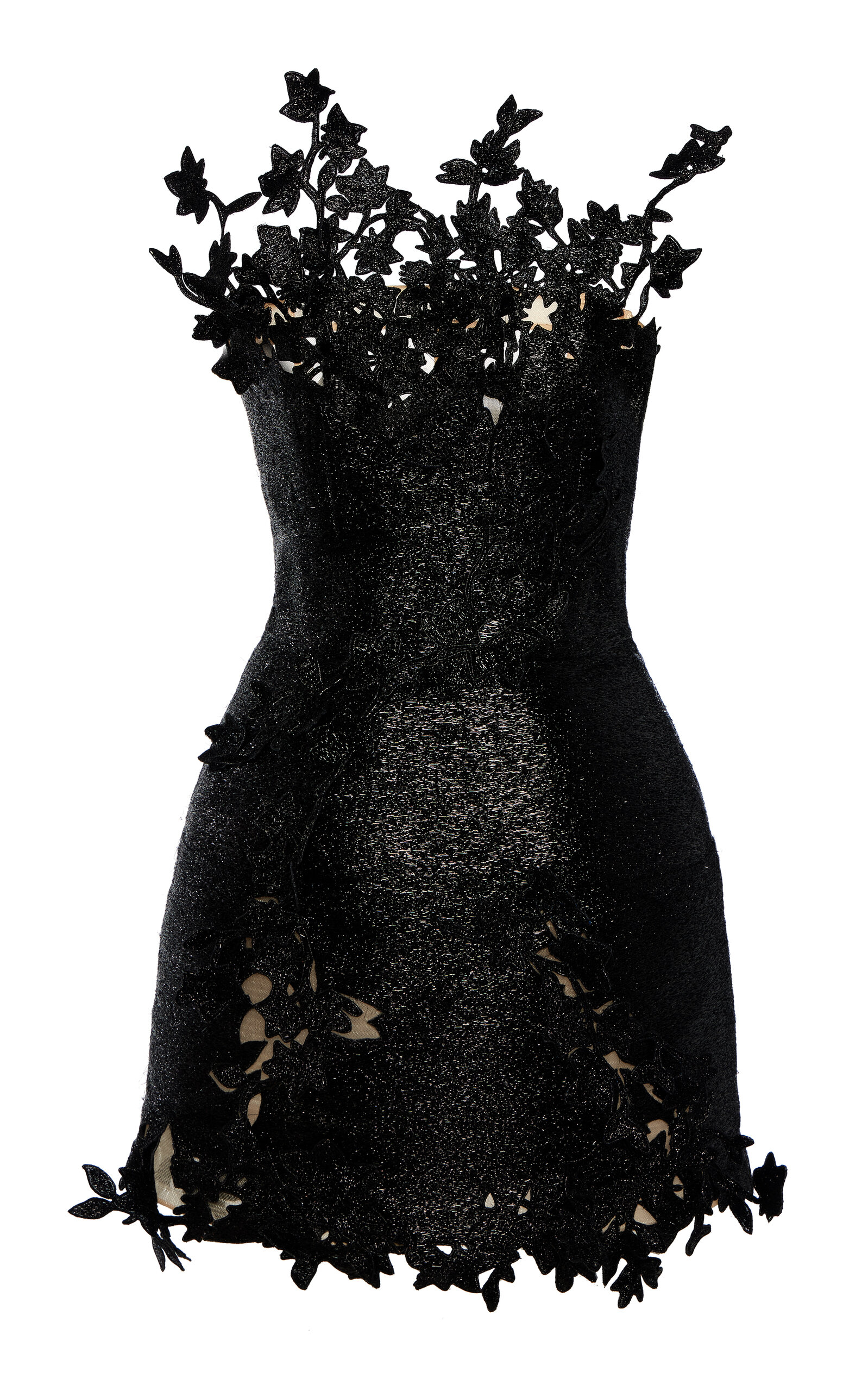 Oscar De La Renta Metallic Cherry Blossom Embroidered Dress In Black