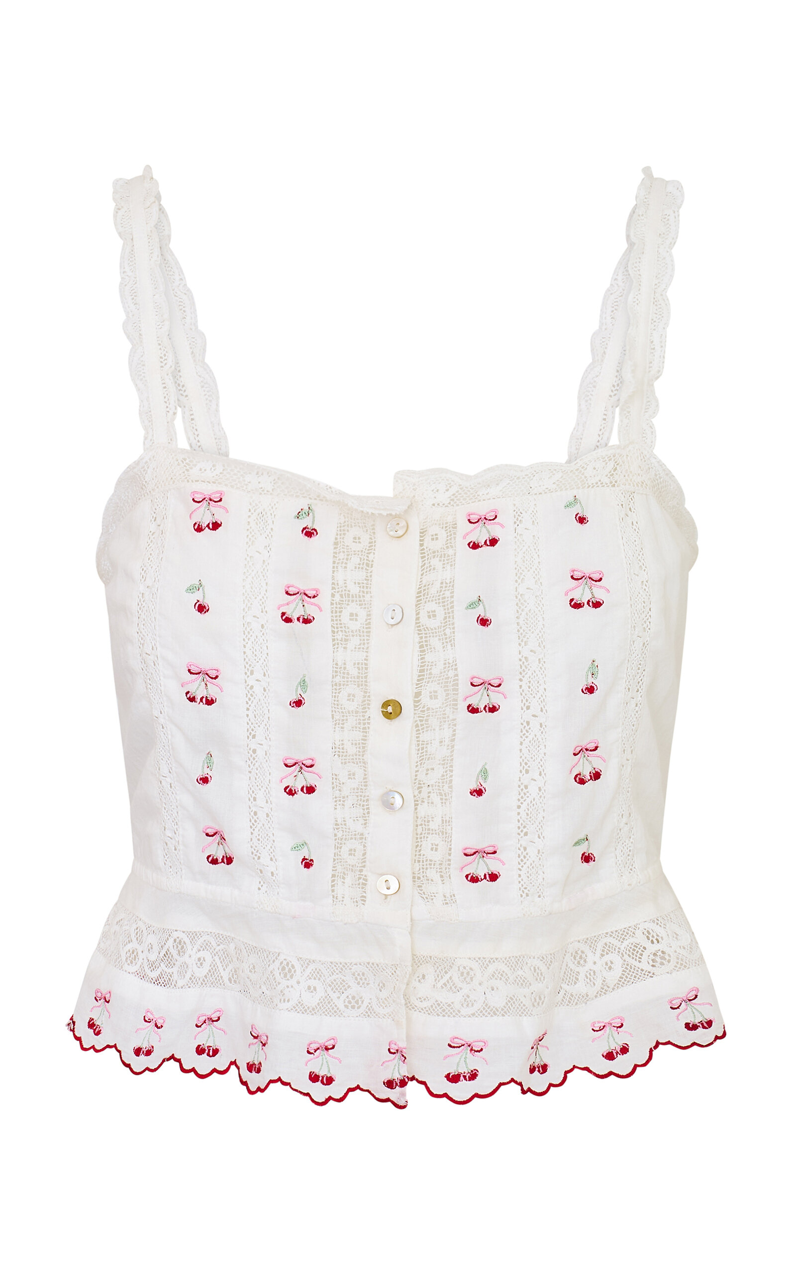 Loveshackfancy Vietta Cherry Embroidered Lace Cotton Crop Tank In White