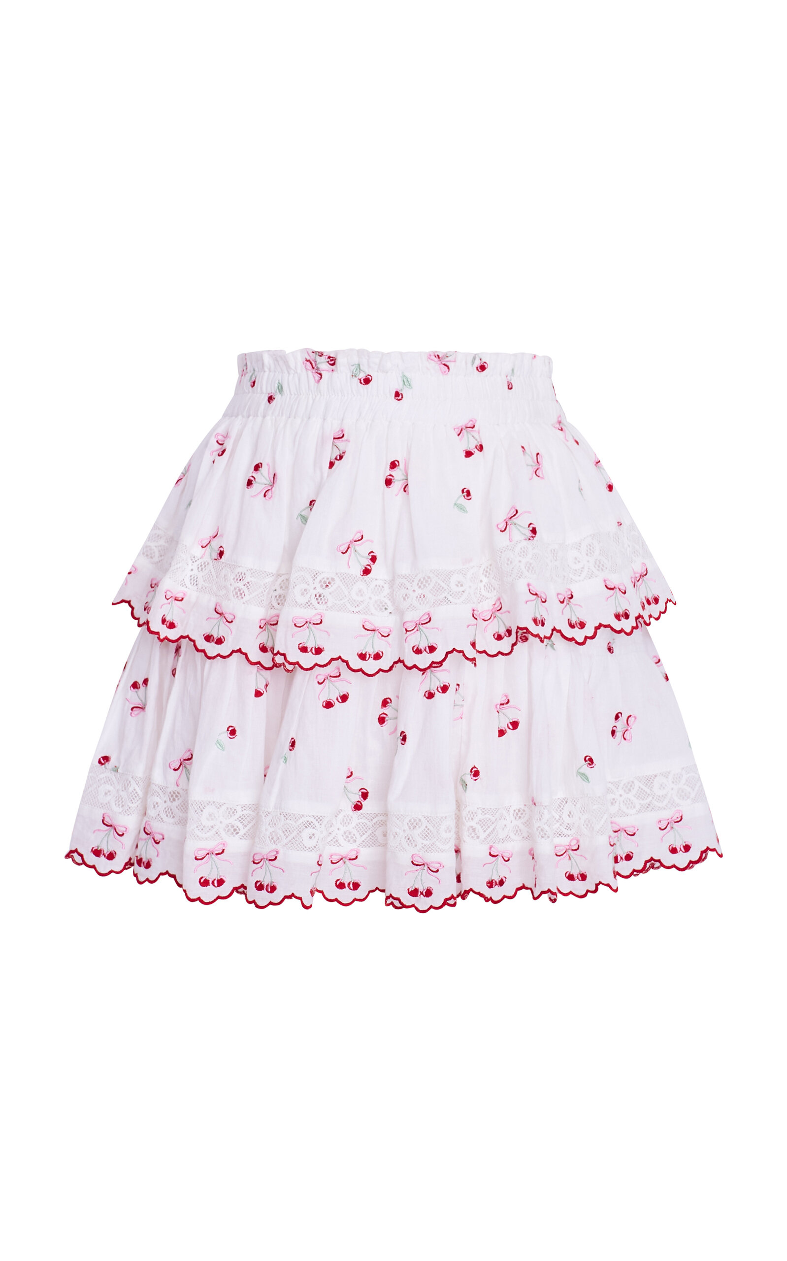 Loveshackfancy Cherry Bow Embroidered Ruffle Cotton Miniskirt In White