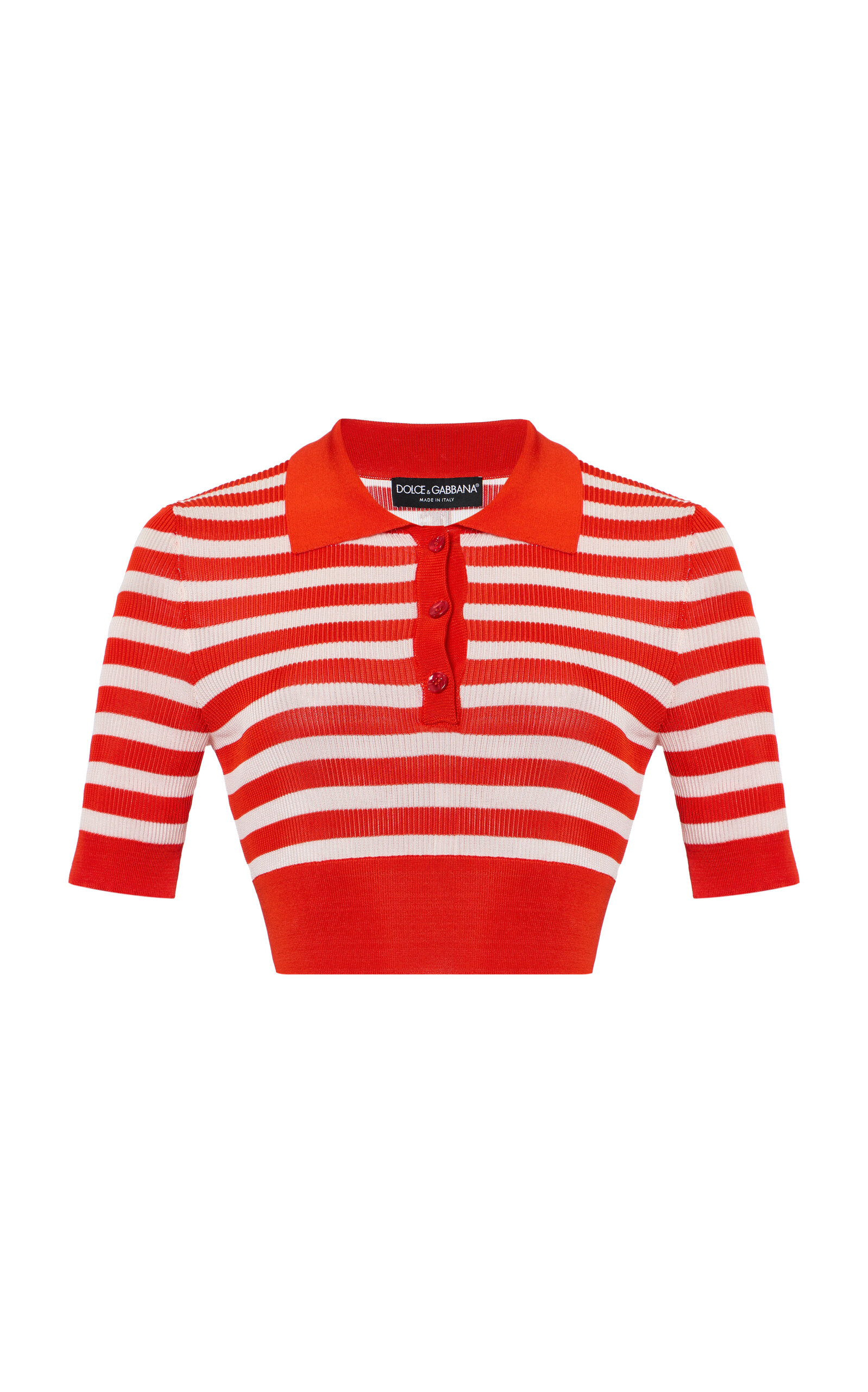 Striped Ribbed-Knit Cropped Polo Shirt