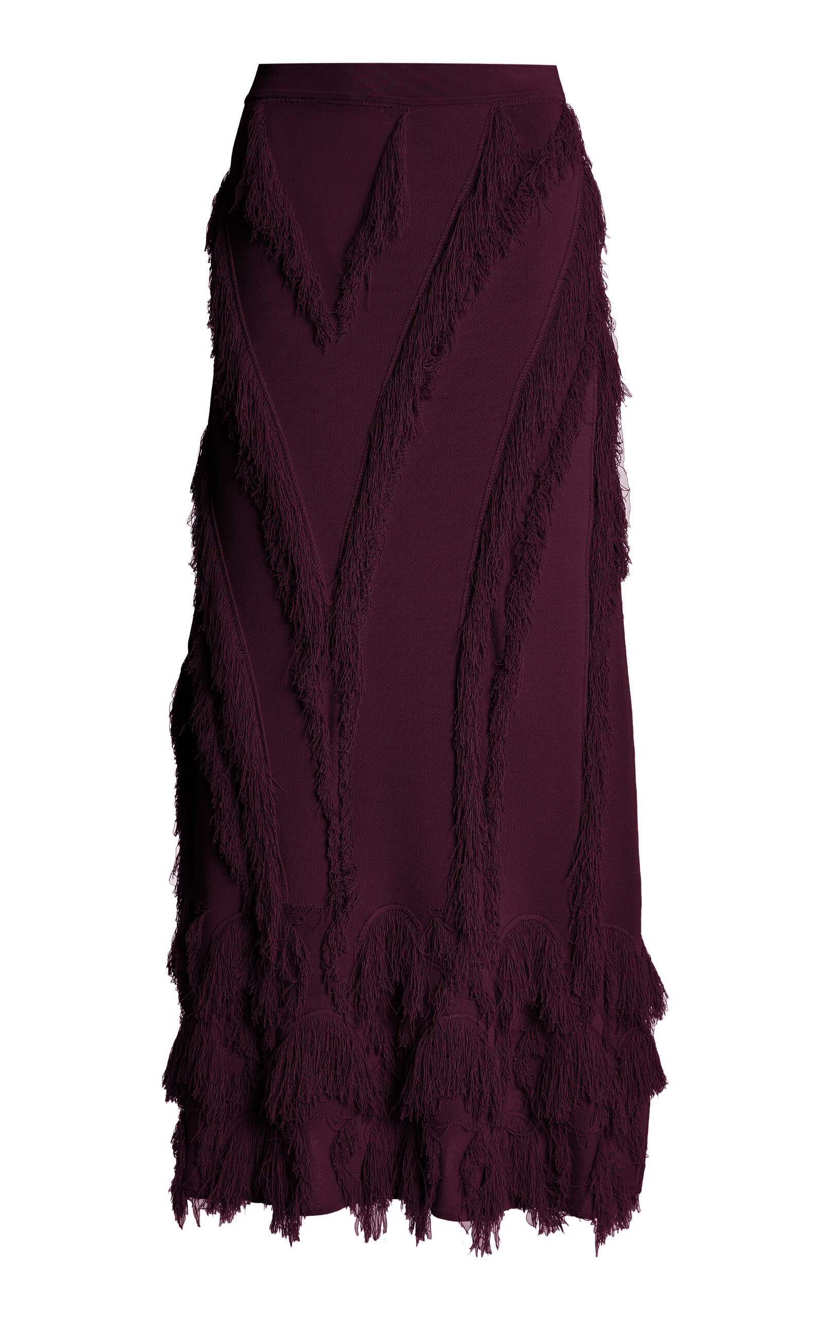 Ulla Johnson Astrid Fringed Stretch-knit Midi Skirt In Burgundy